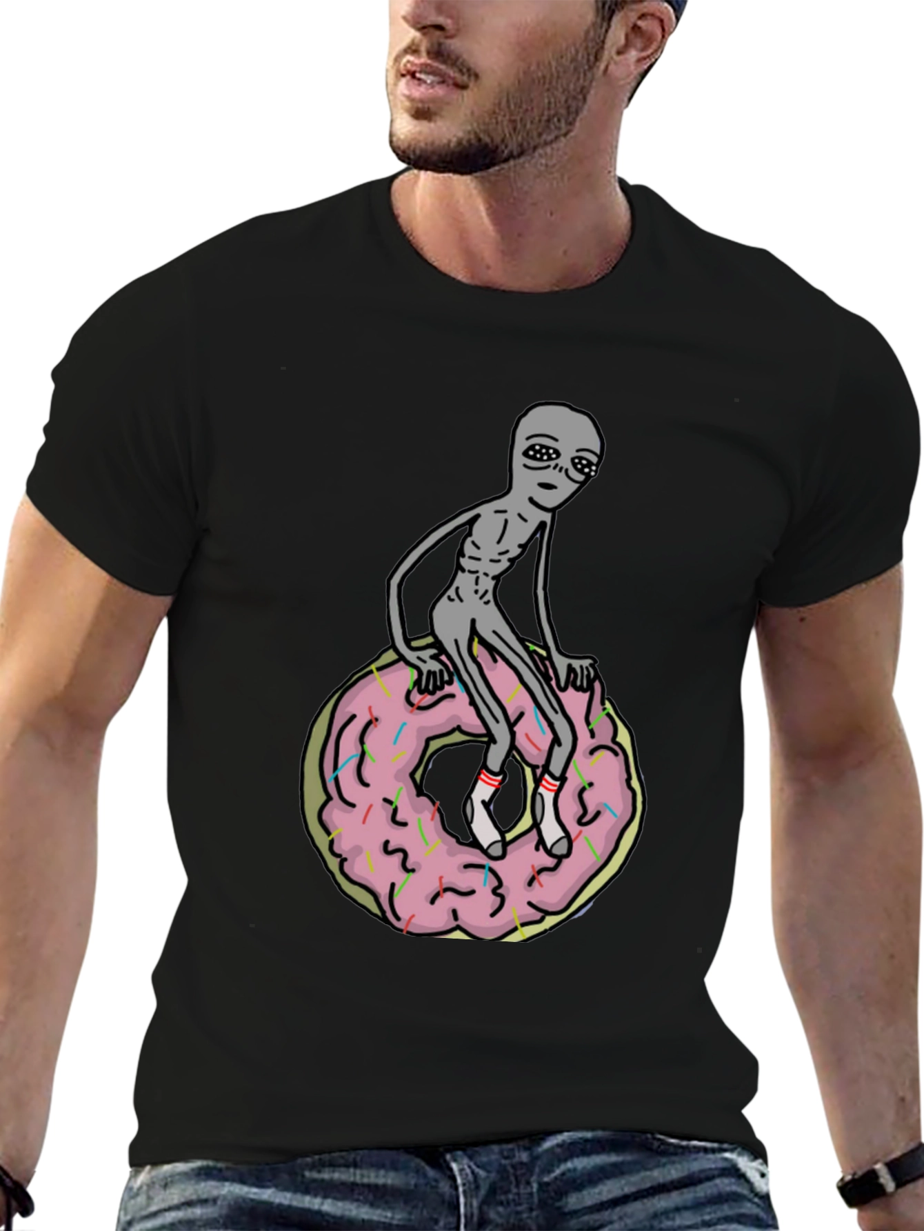 Alien on Donut T-Shirt - Black Graphic Tee