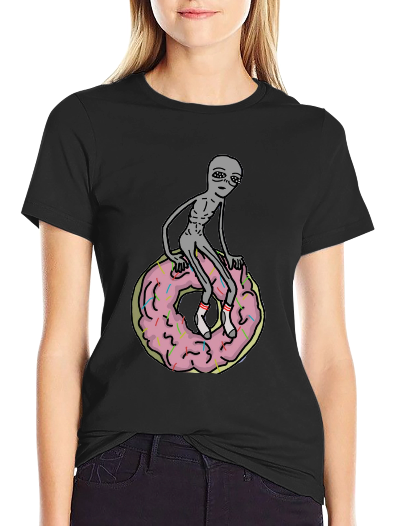 Alien on Donut T-Shirt - Black Graphic Tee