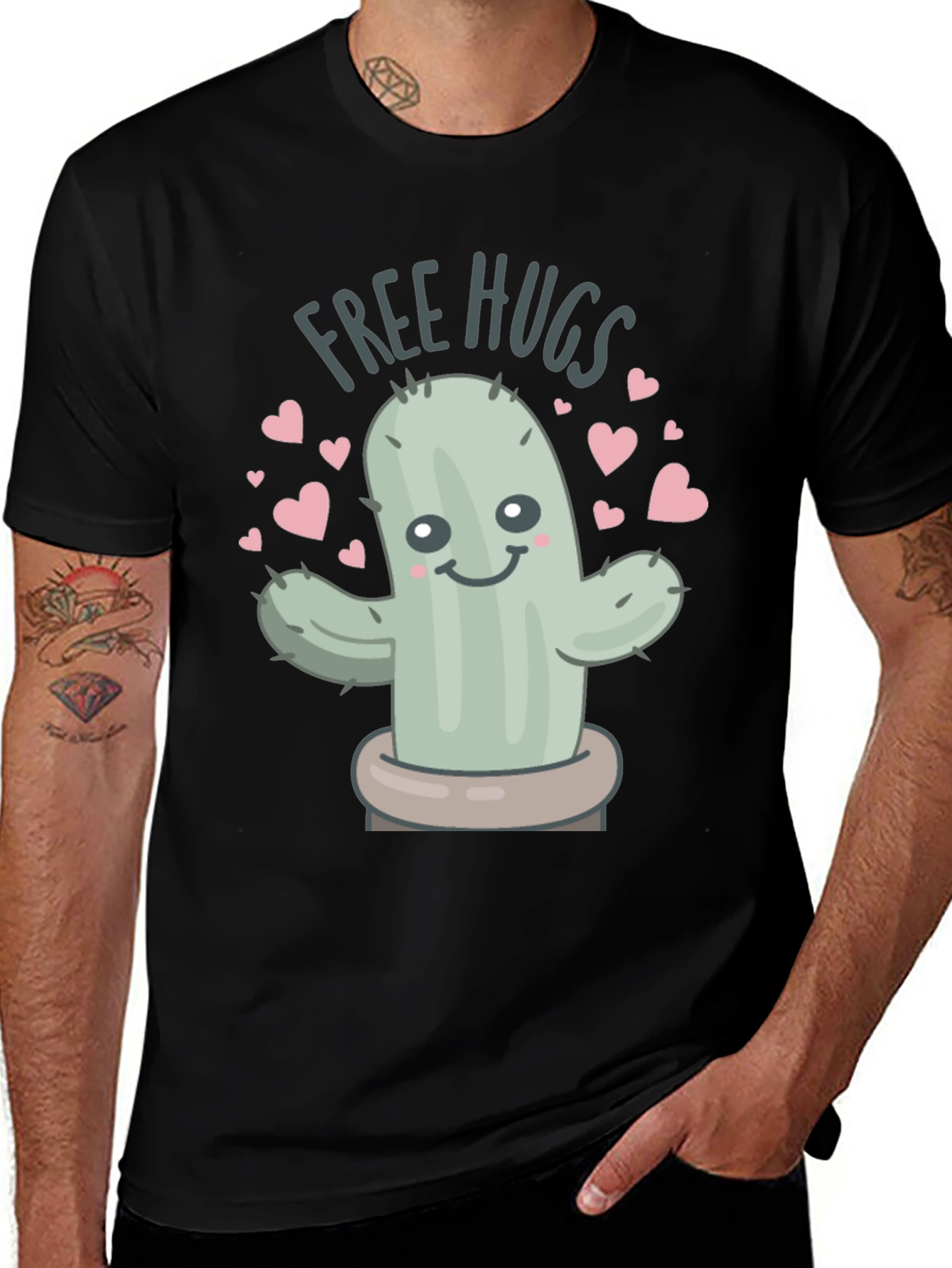 Free Hugs Cactus Graphic Tee - Unisex Black T-Shirt