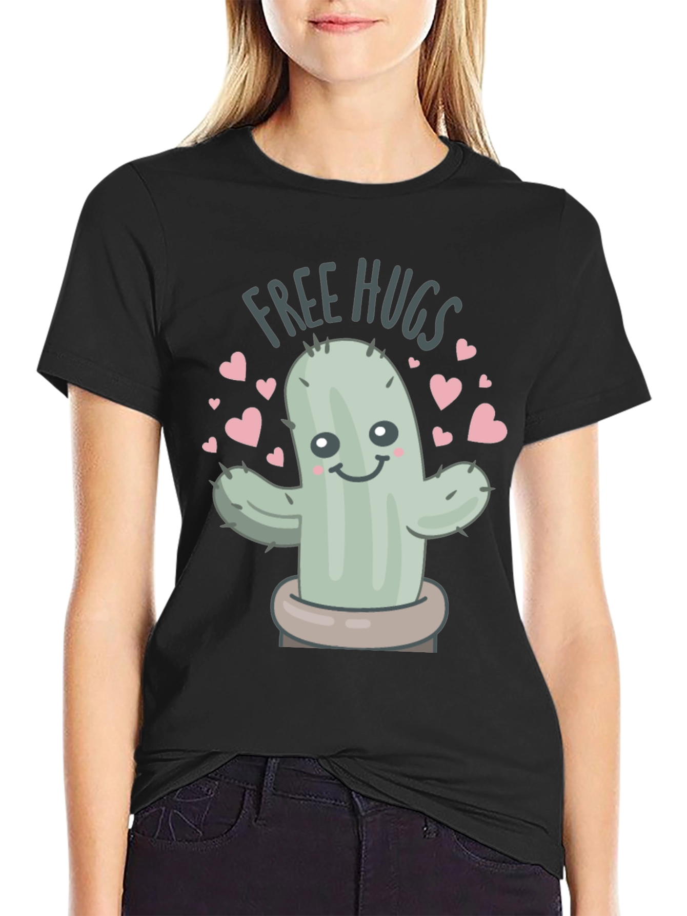 Free Hugs Cactus Graphic Tee - Unisex Black T-Shirt