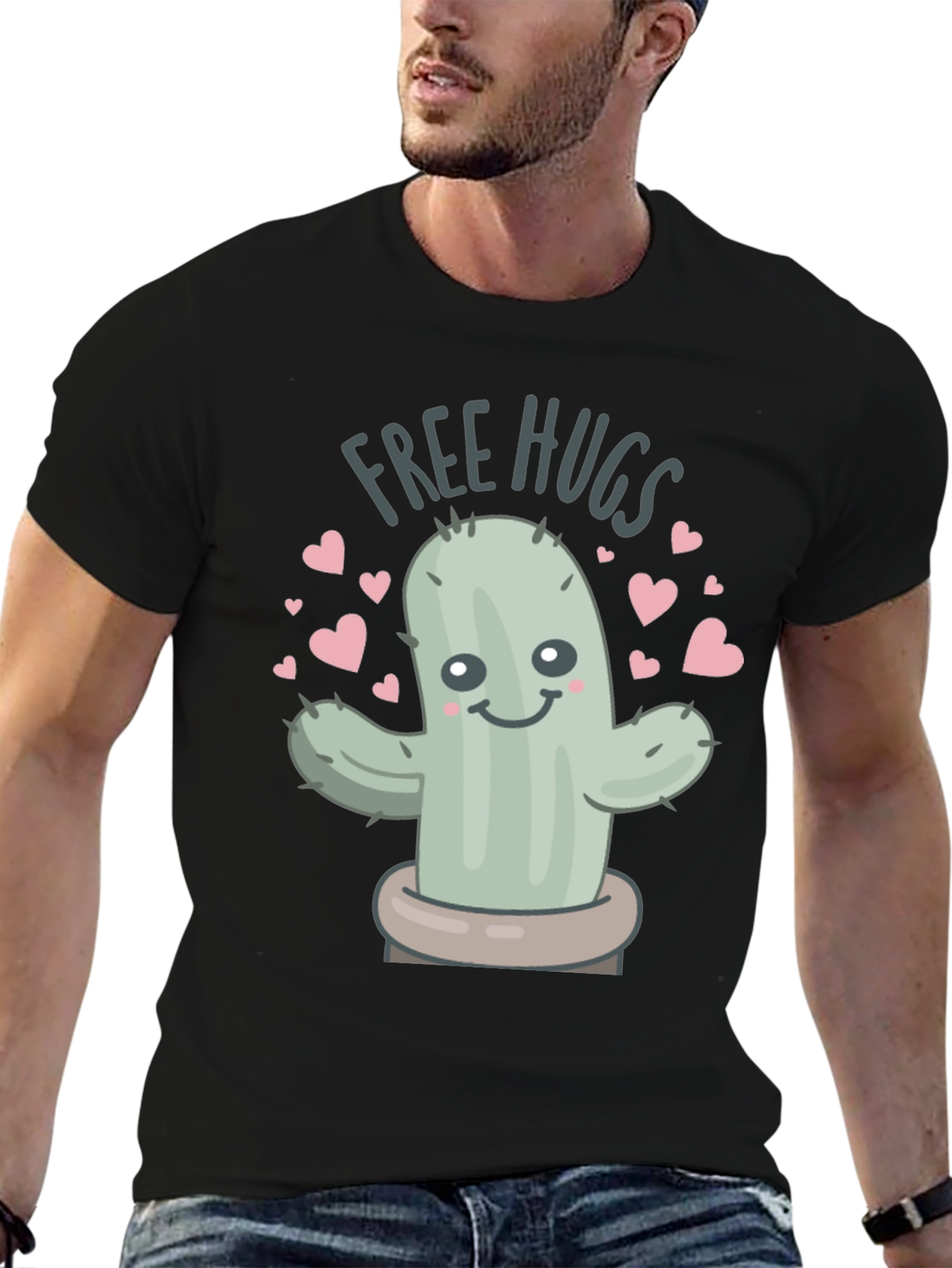 Free Hugs Cactus Graphic Tee - Unisex Black T-Shirt