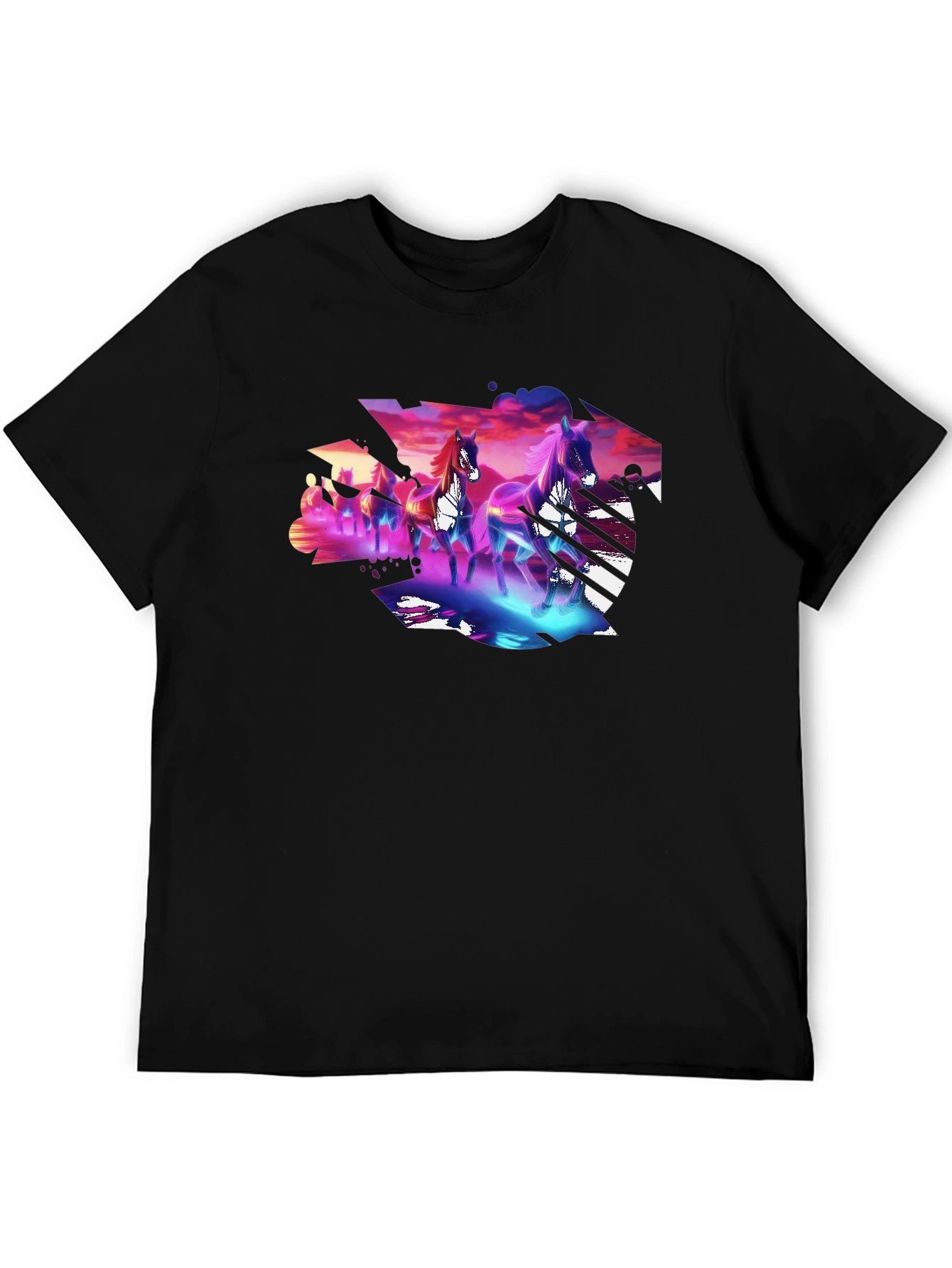 Neon Horses Graphic Tee - Mens Black T-Shirt