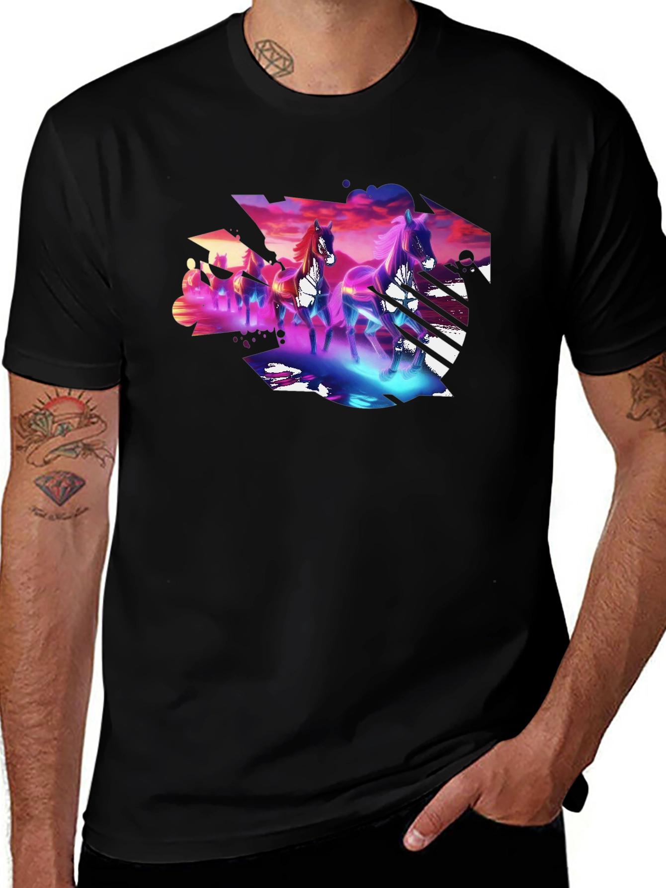 Neon Horses Graphic Tee - Mens Black T-Shirt