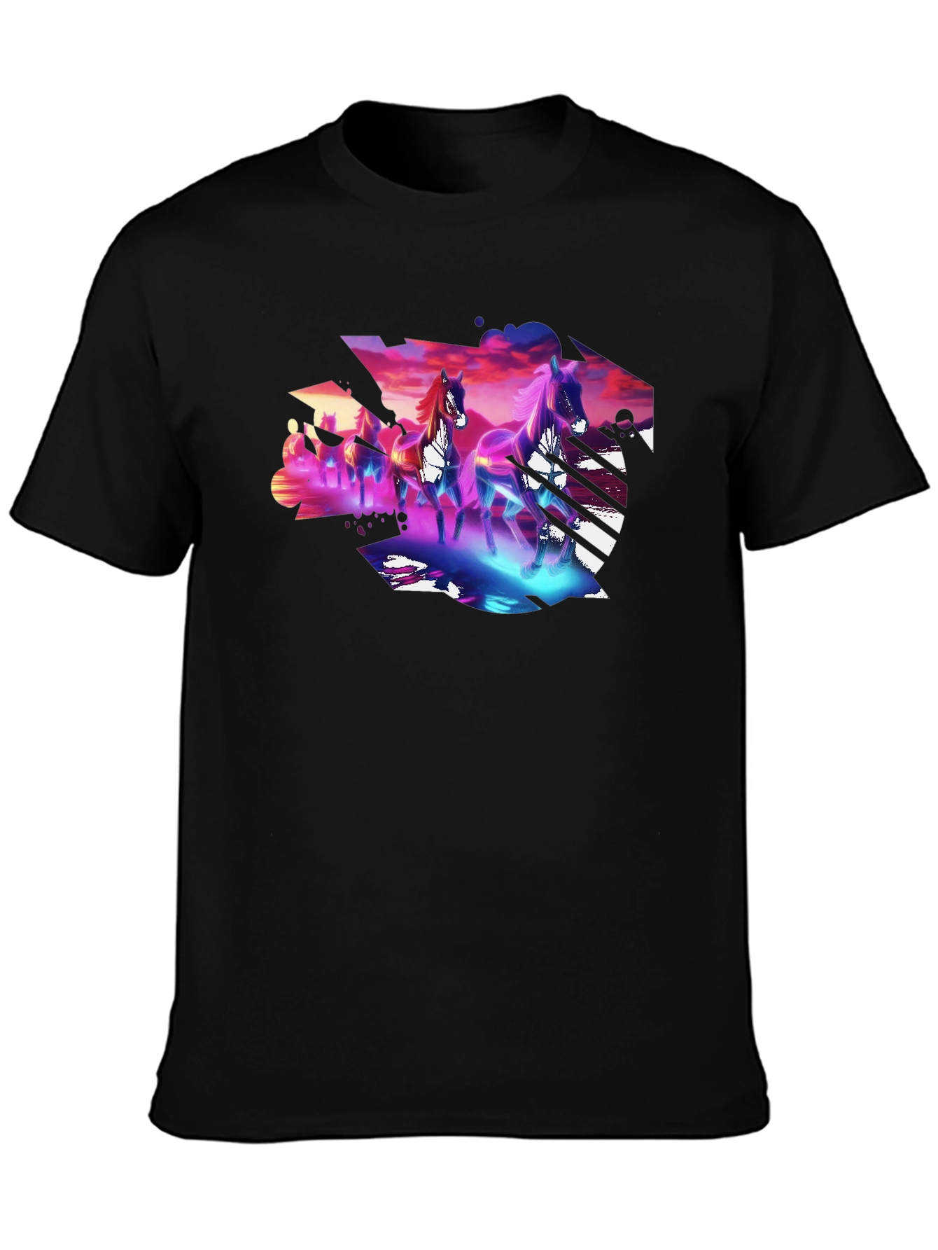Neon Horses Graphic Tee - Mens Black T-Shirt