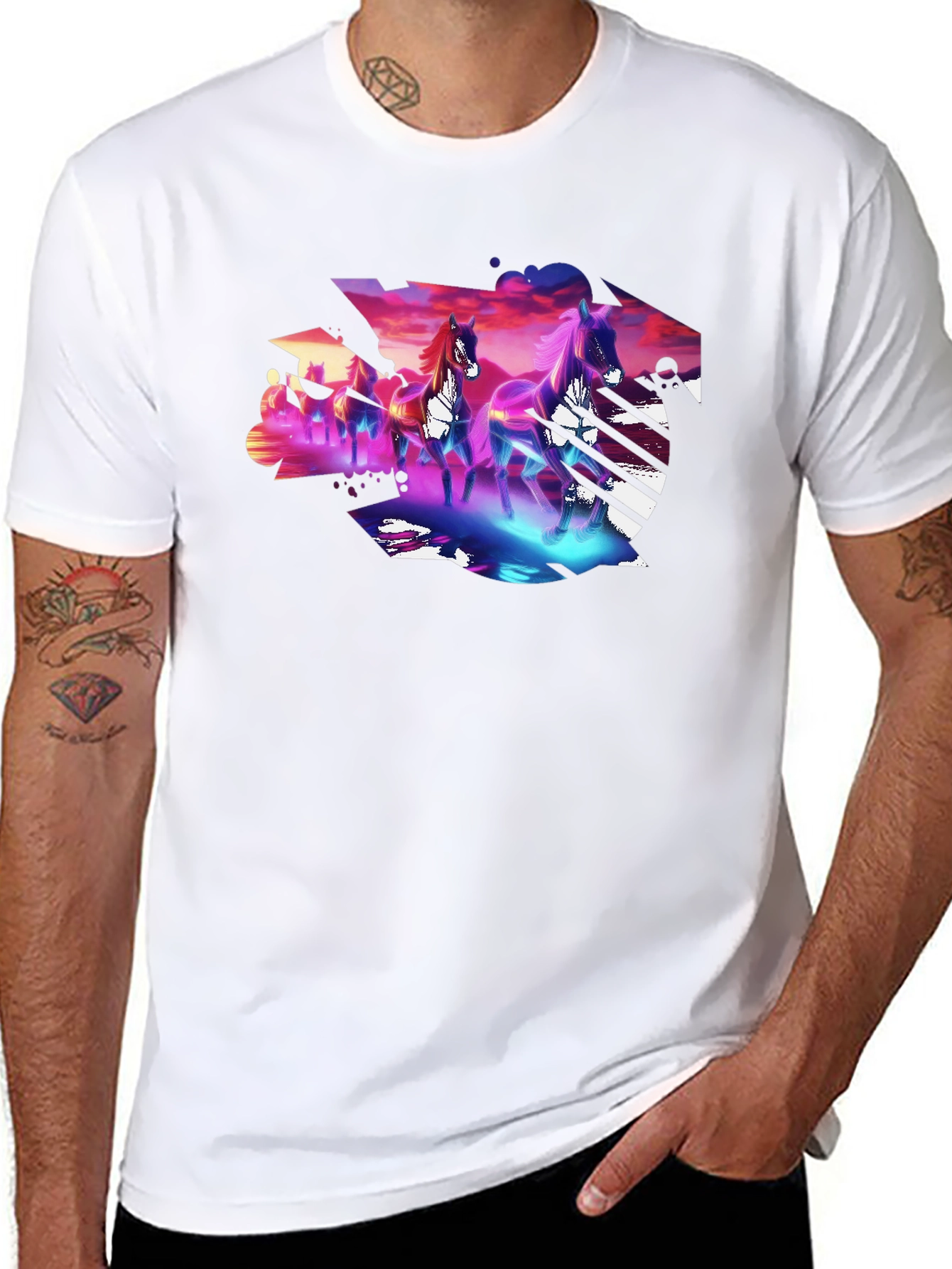 Neon Horses Graphic Tee - Mens Black T-Shirt