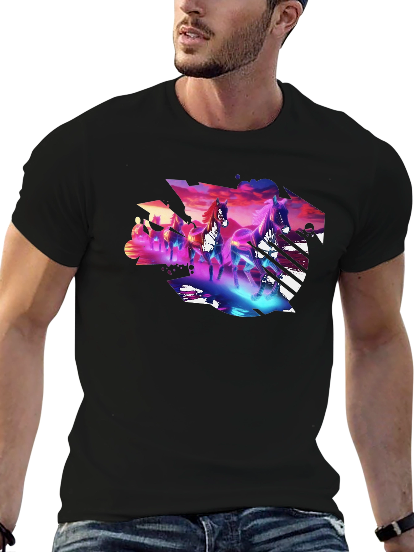 Neon Horses Graphic Tee - Mens Black T-Shirt