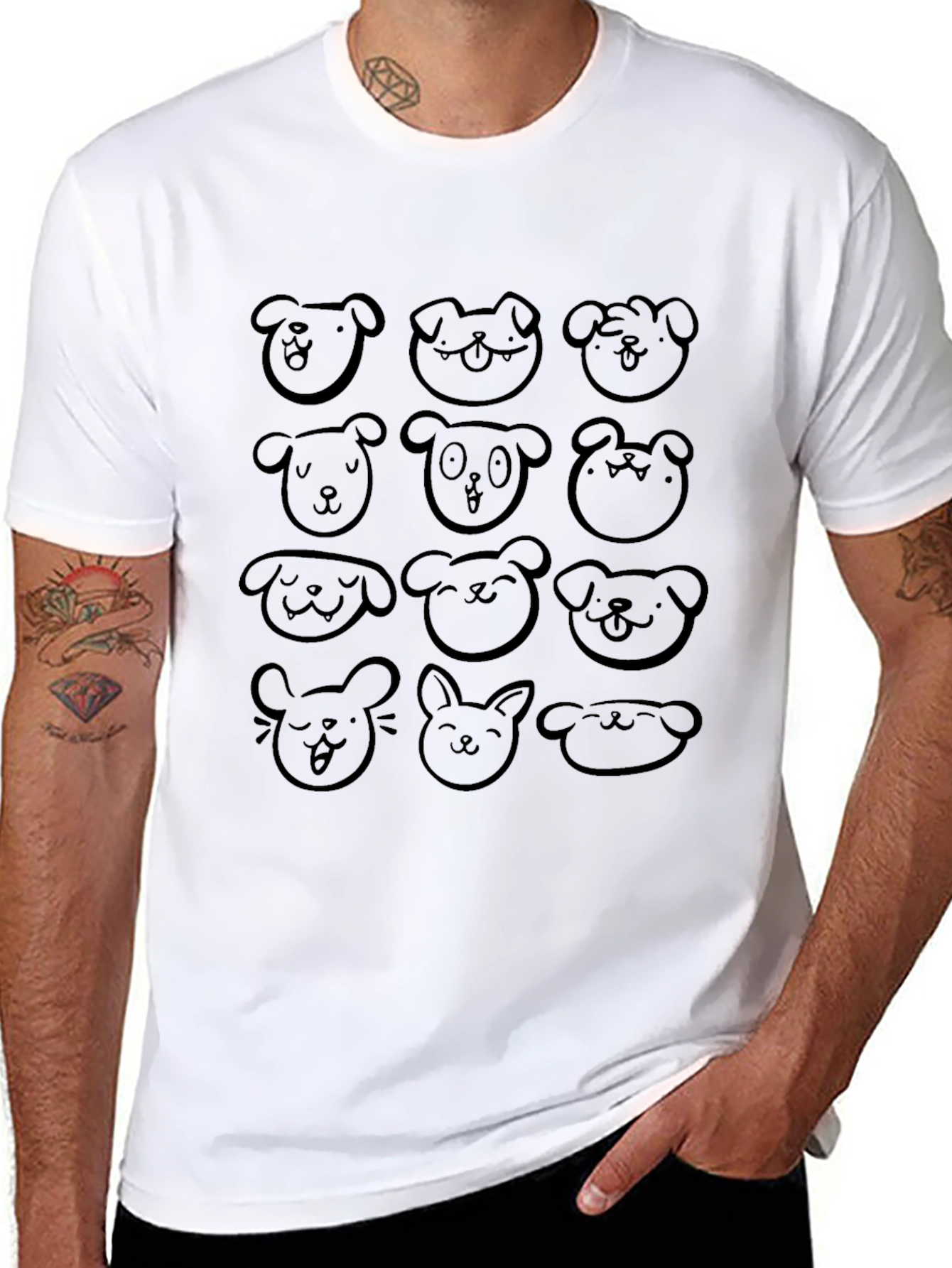 Cute Doodle Animal Faces Black T-Shirt