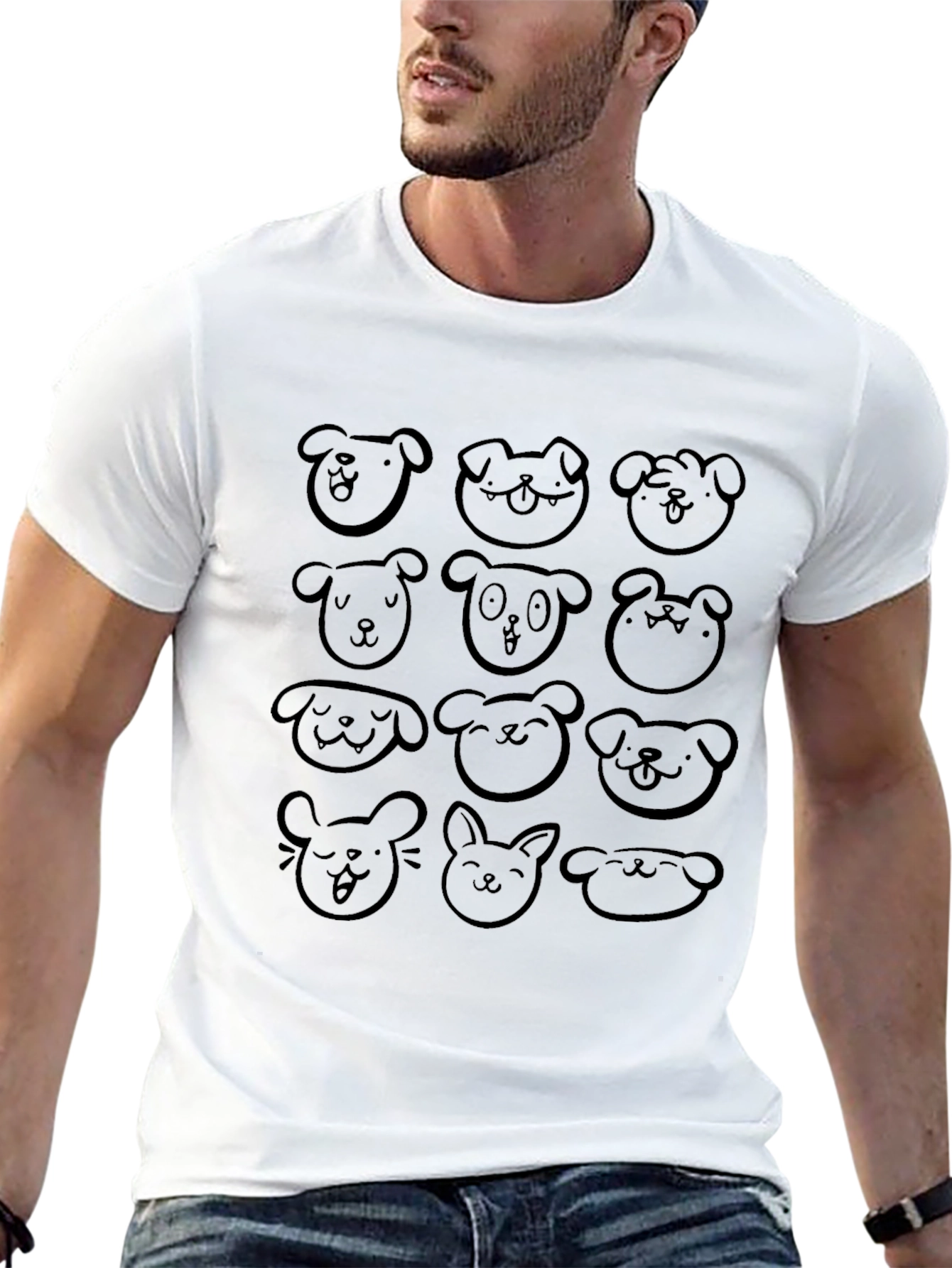 Cute Doodle Animal Faces Black T-Shirt