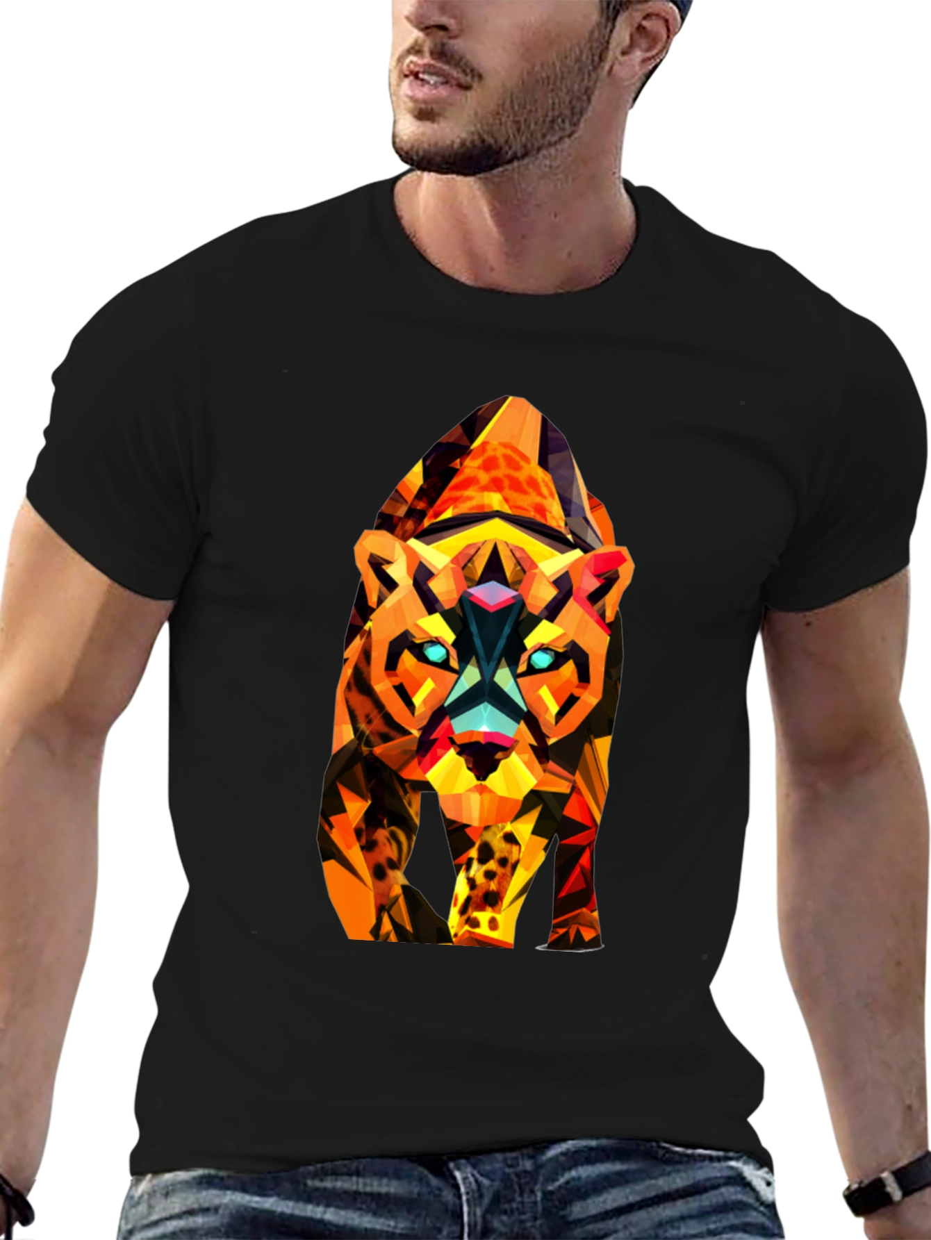 Abstract Geometric Tiger Graphic Tee - Black