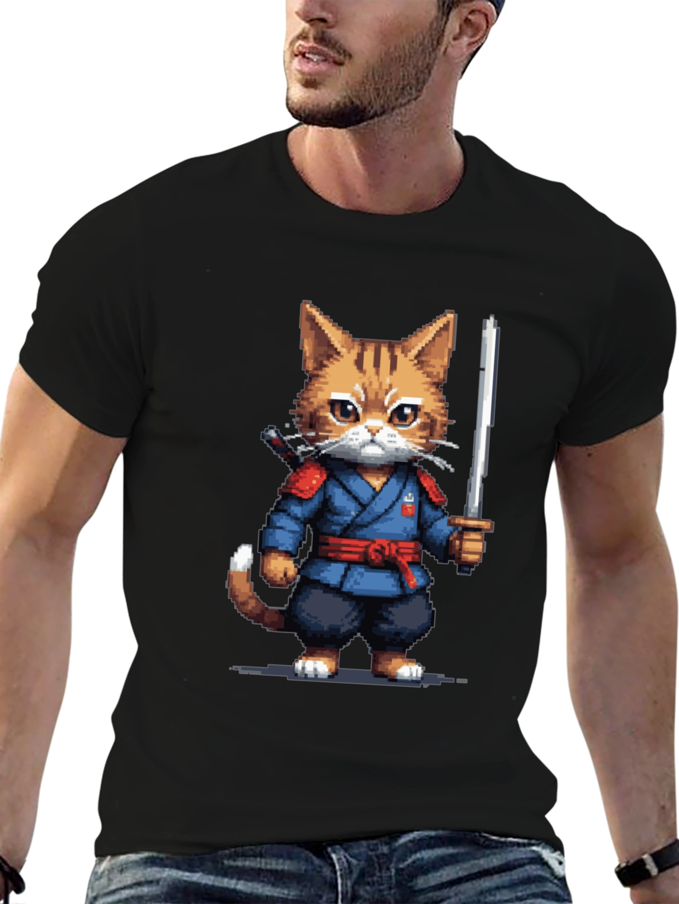 Ninja Cat T-Shirt - Pixel Art Kitten Samurai
