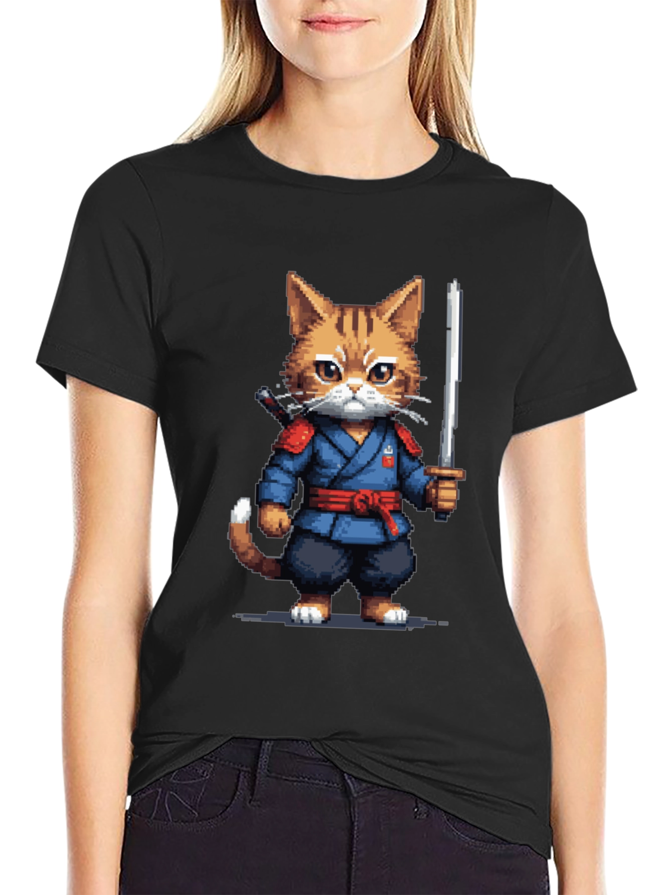 Ninja Cat T-Shirt - Pixel Art Kitten Samurai