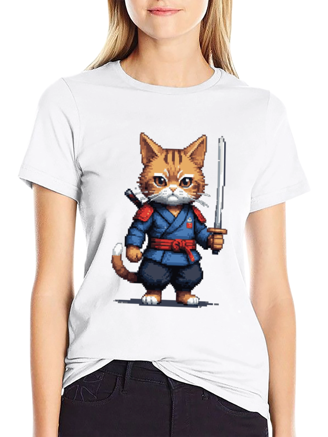Ninja Cat T-Shirt - Pixel Art Kitten Samurai