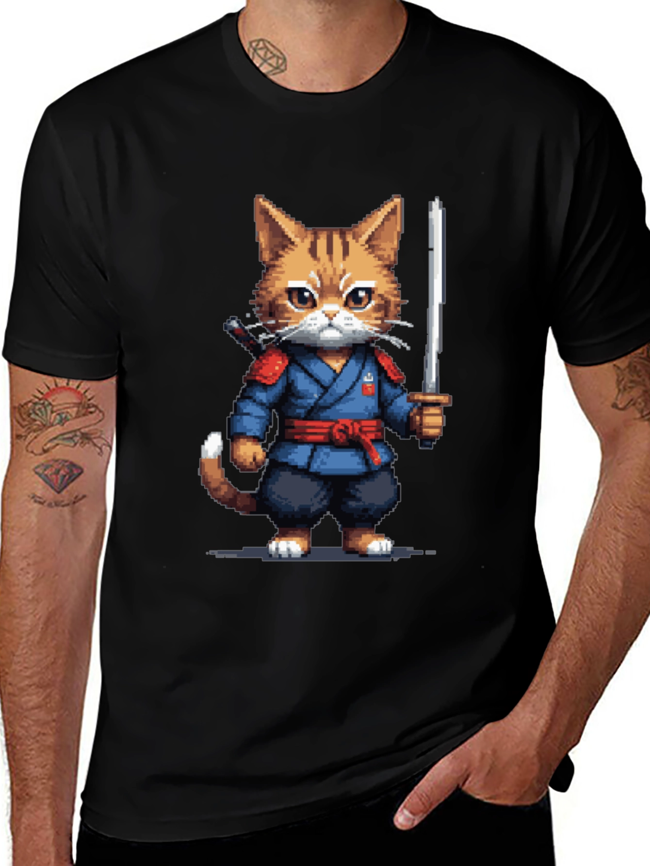 Ninja Cat T-Shirt - Pixel Art Kitten Samurai