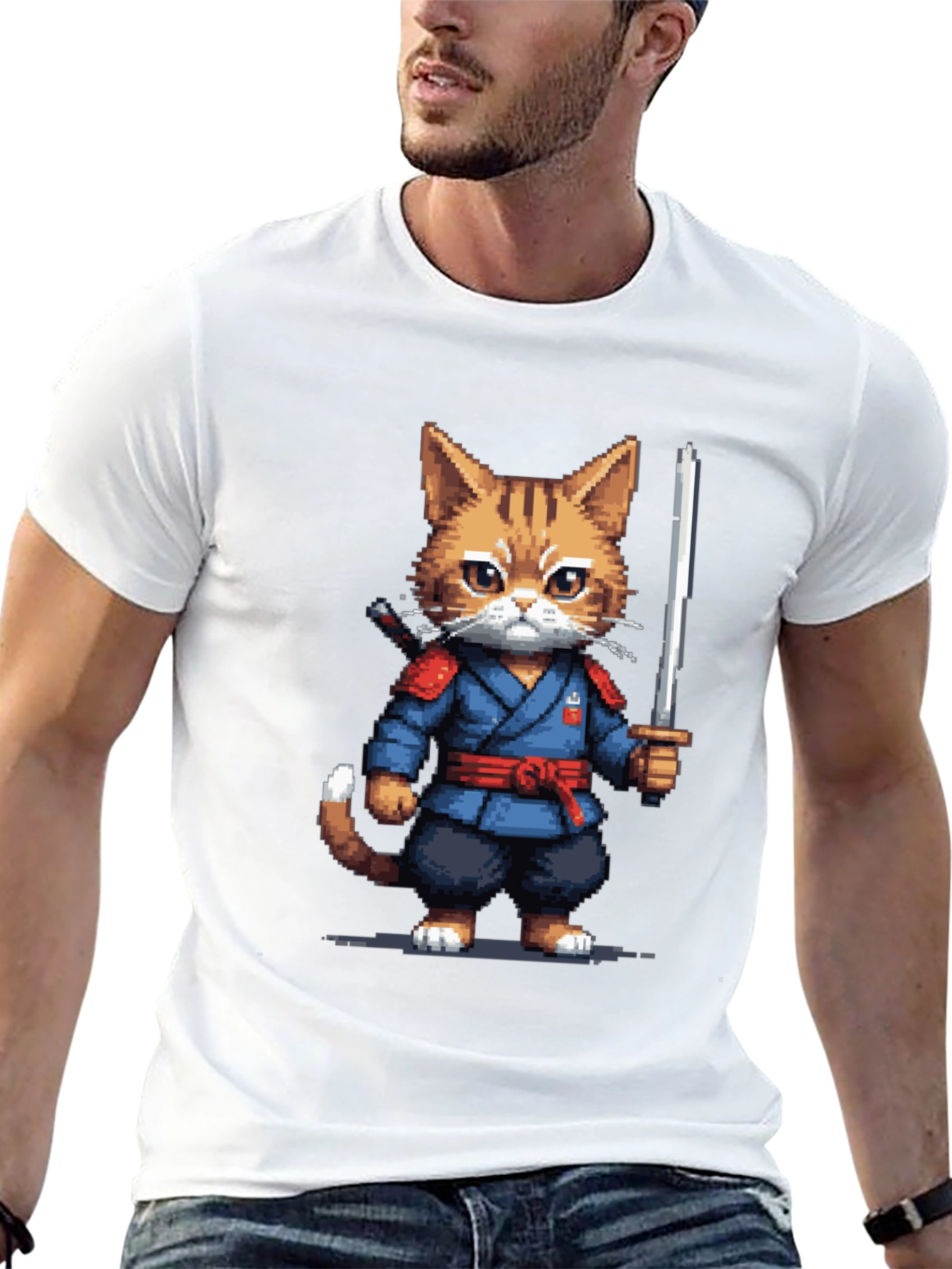 Ninja Cat T-Shirt - Pixel Art Kitten Samurai