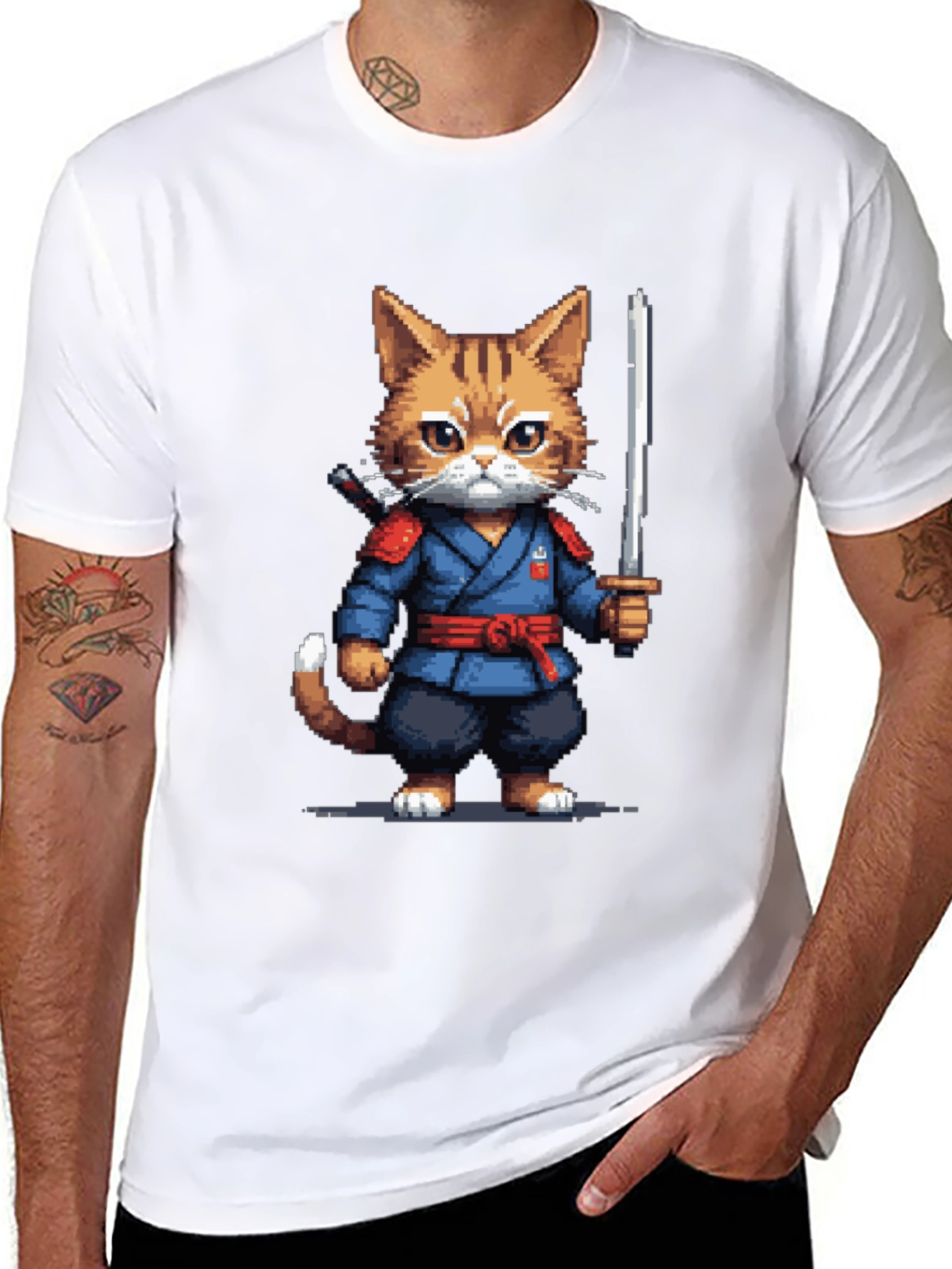 Ninja Cat T-Shirt - Pixel Art Kitten Samurai