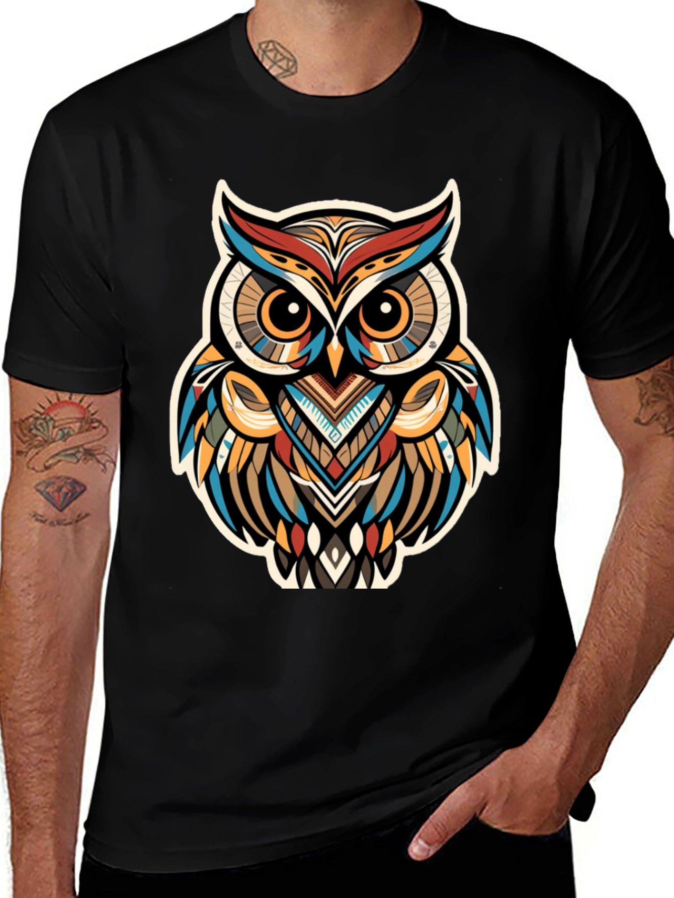 Tribal Owl Graphic Print Black T-Shirt