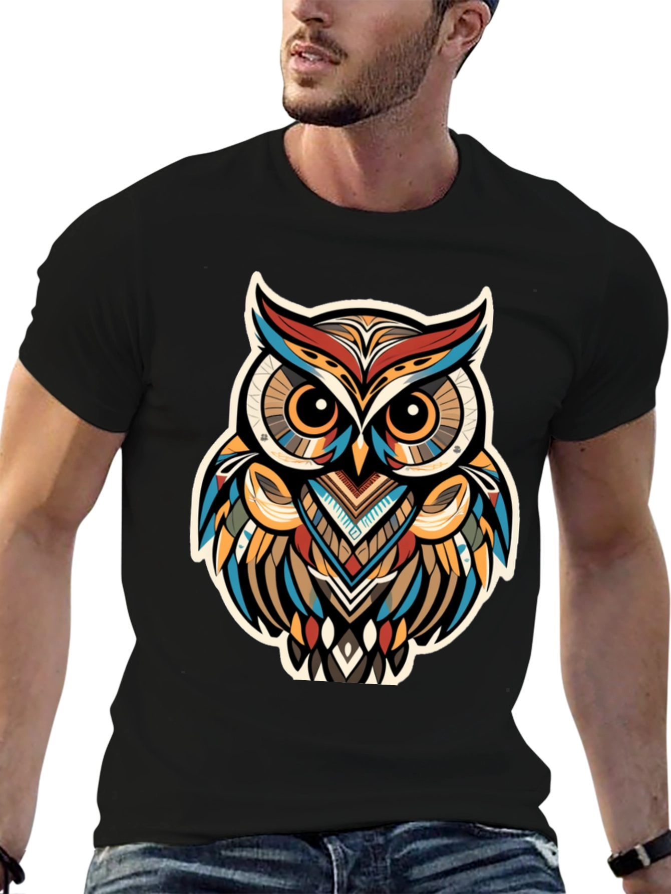Tribal Owl Graphic Print Black T-Shirt