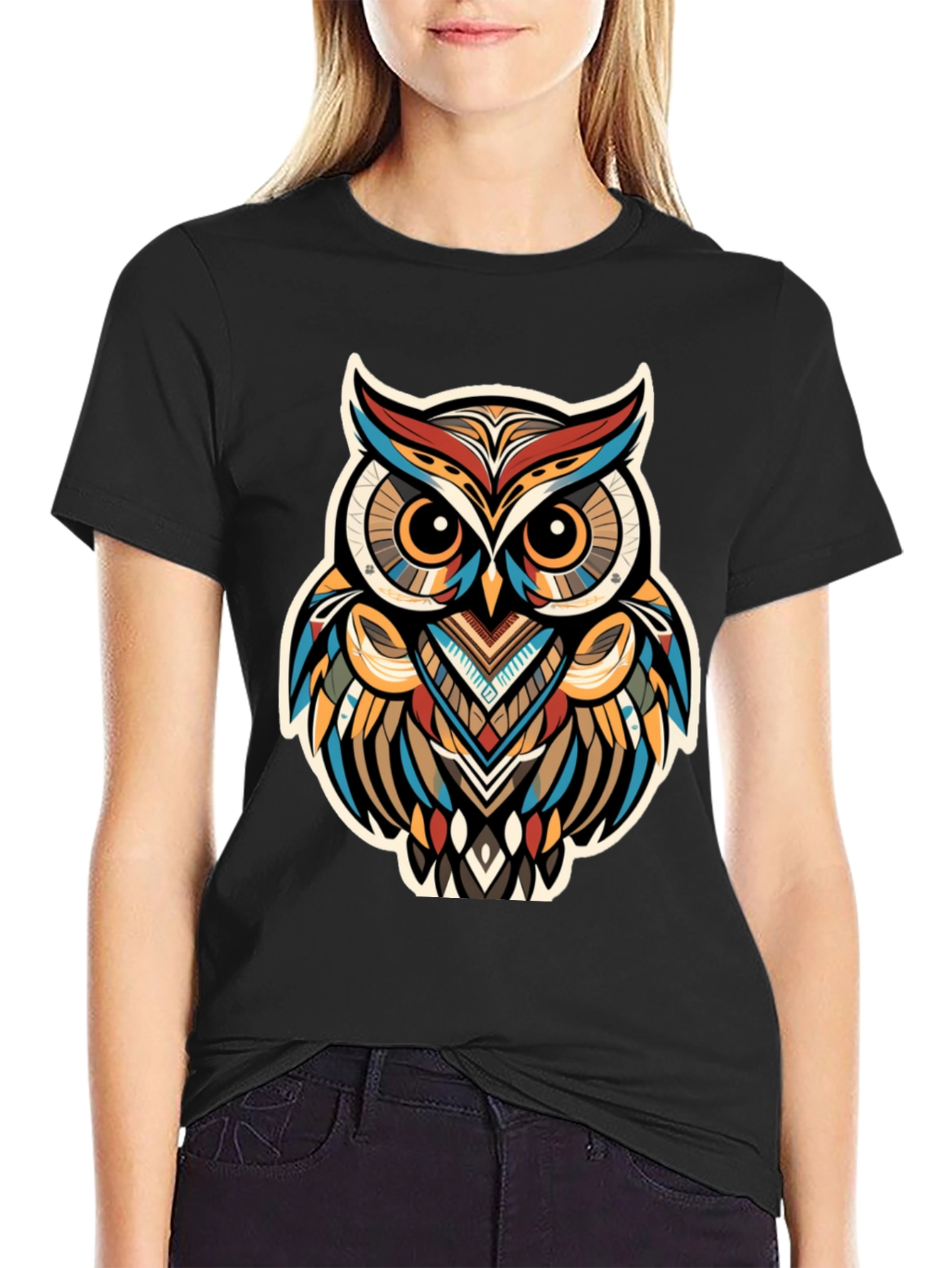 Tribal Owl Graphic Print Black T-Shirt