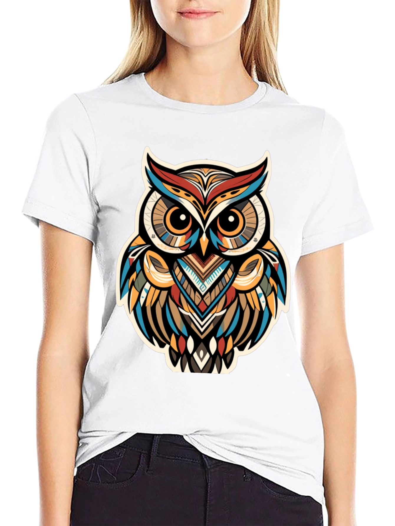 Tribal Owl Graphic Print Black T-Shirt