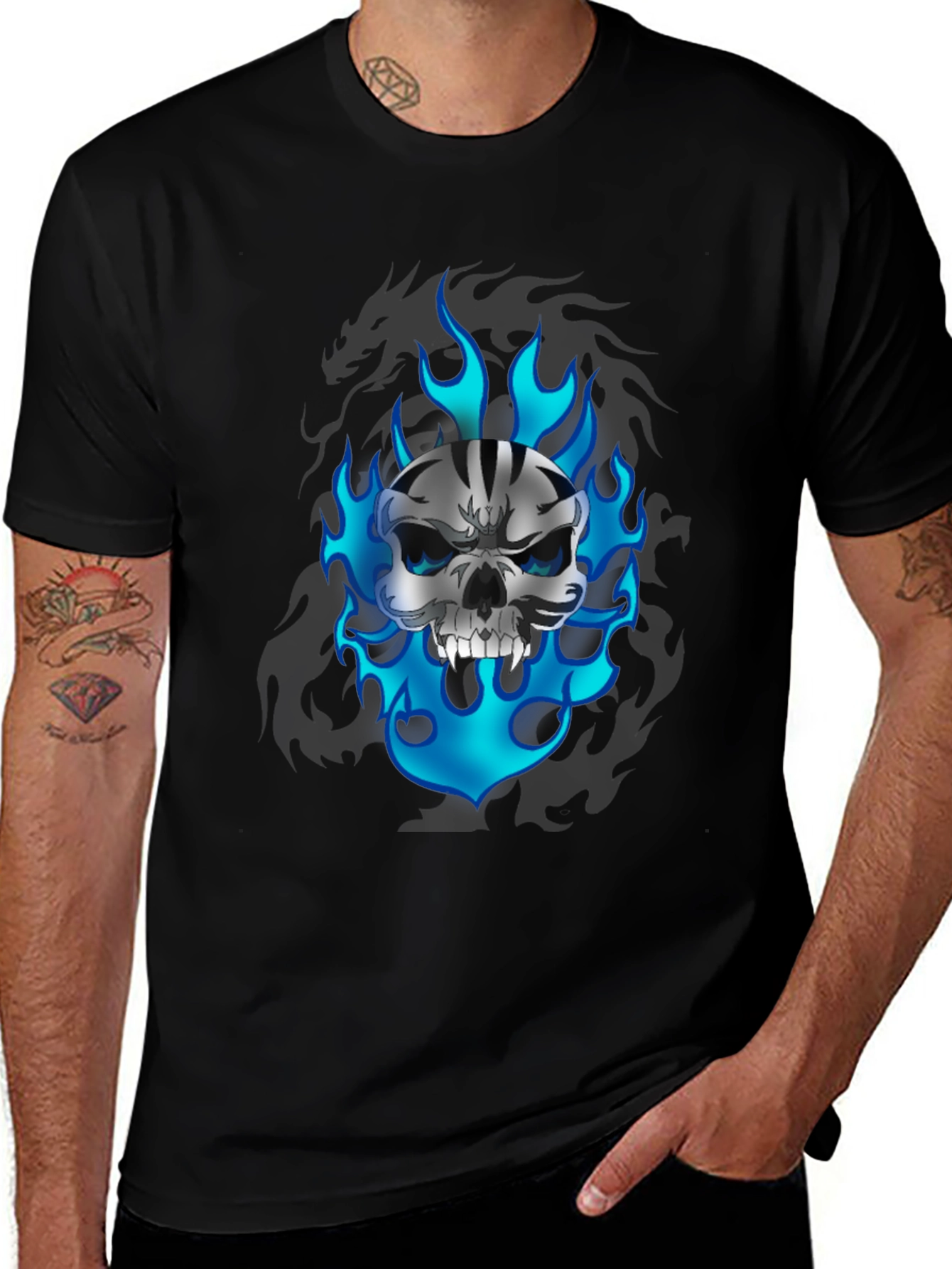 Skull & Flames Graphic Print Black T-Shirt