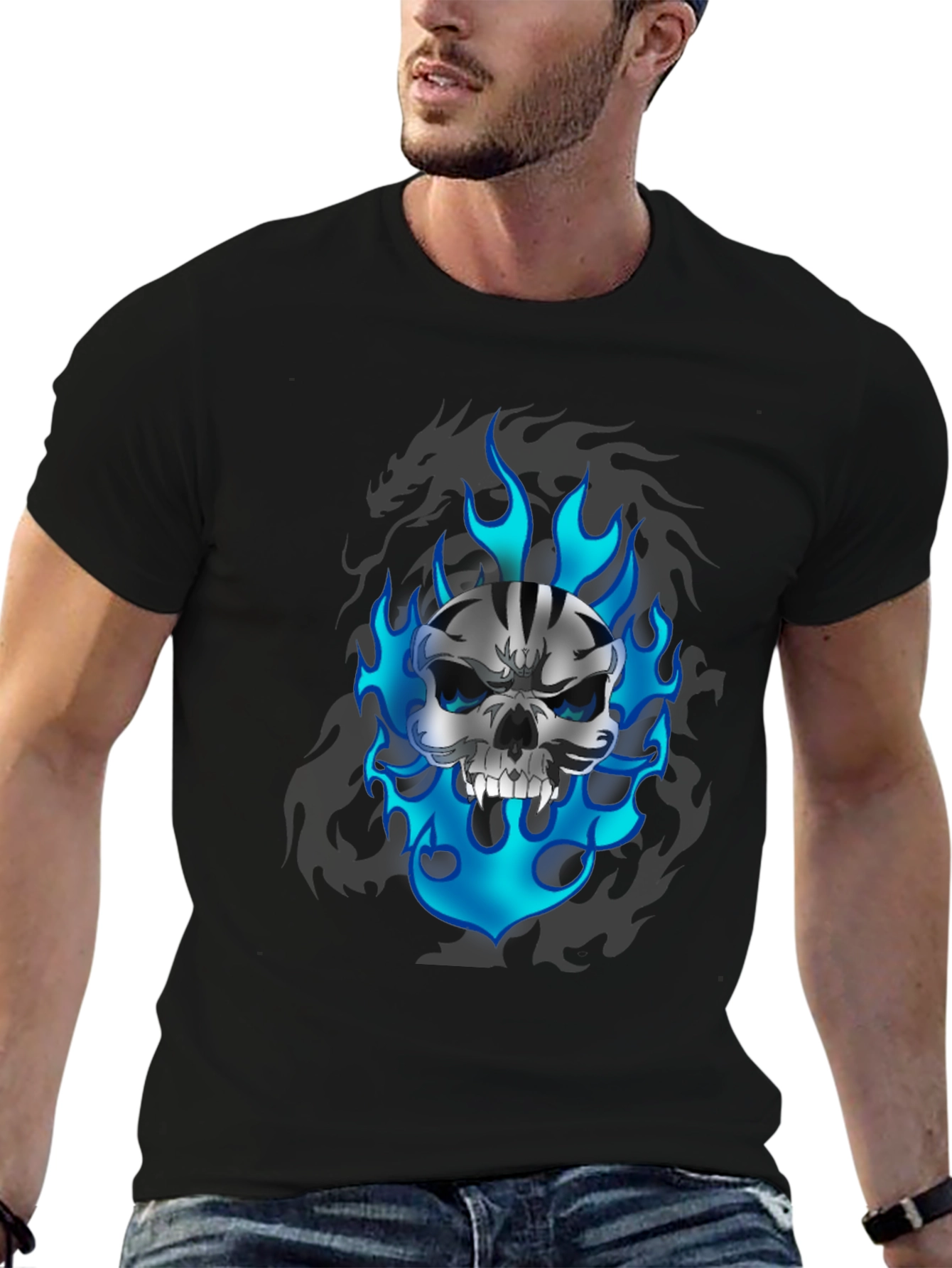 Skull & Flames Graphic Print Black T-Shirt