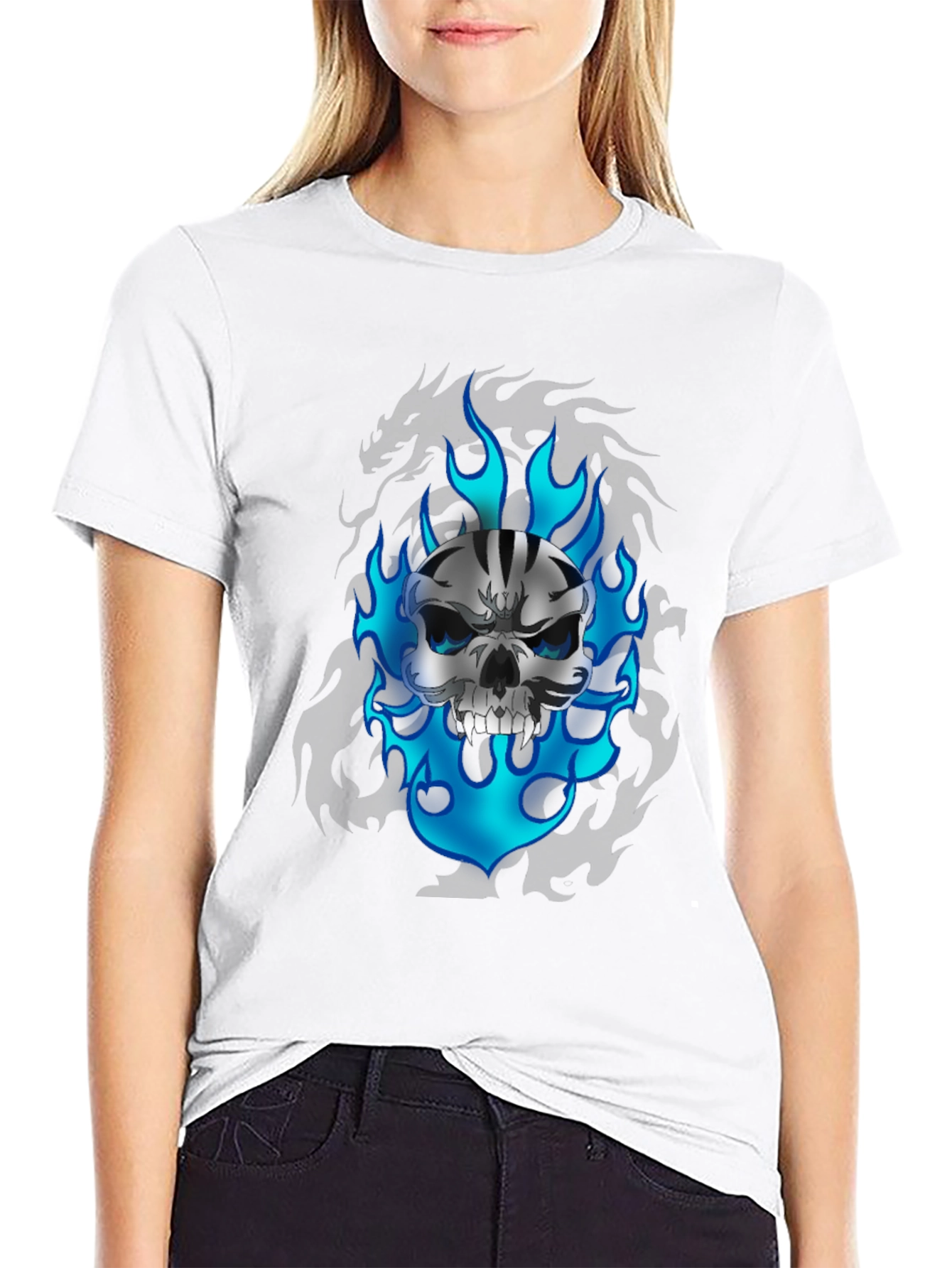 Skull & Flames Graphic Print Black T-Shirt
