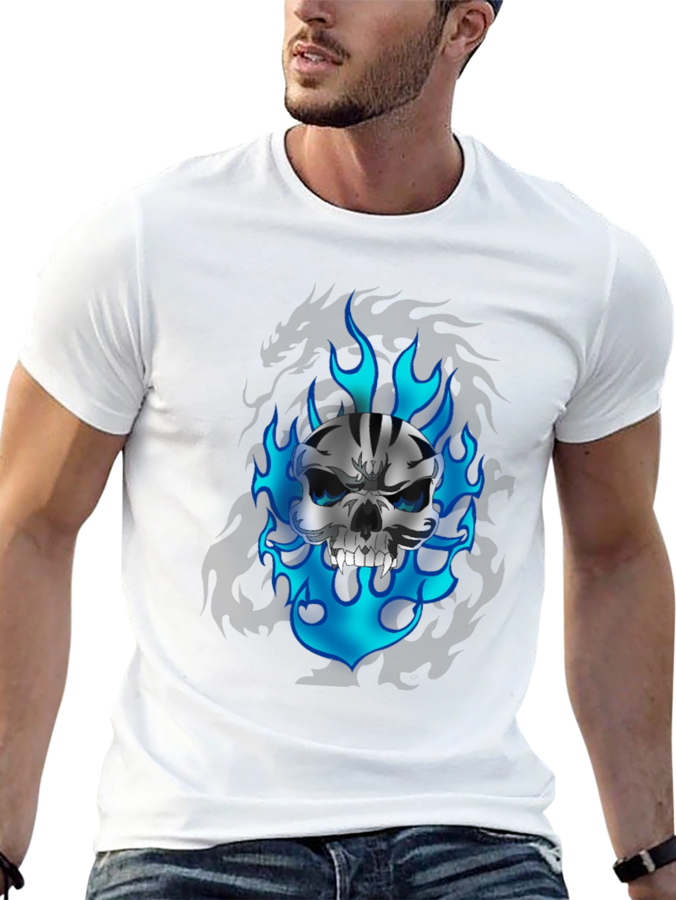 Skull & Flames Graphic Print Black T-Shirt