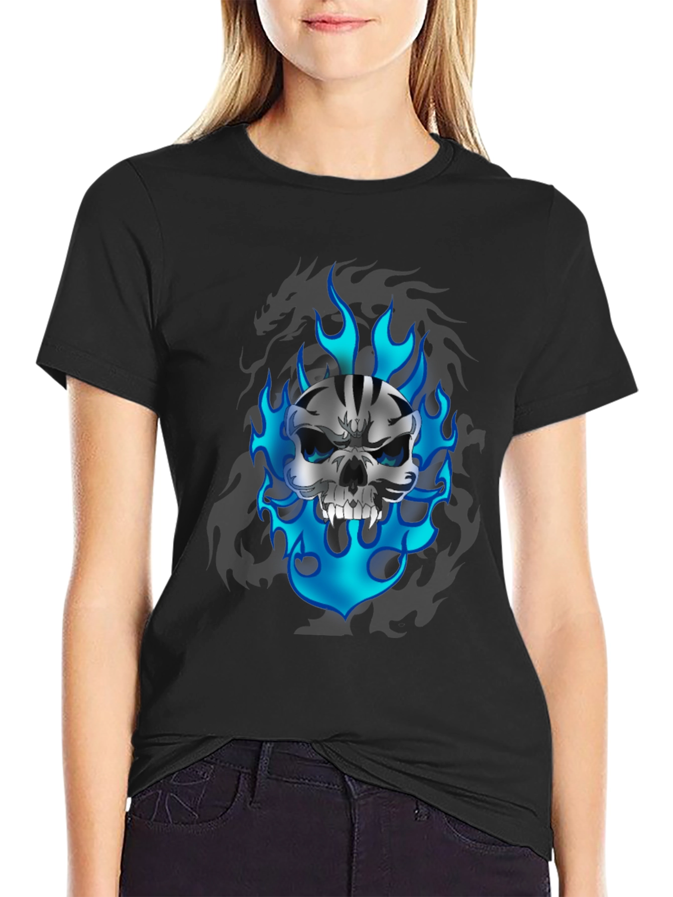 Skull & Flames Graphic Print Black T-Shirt