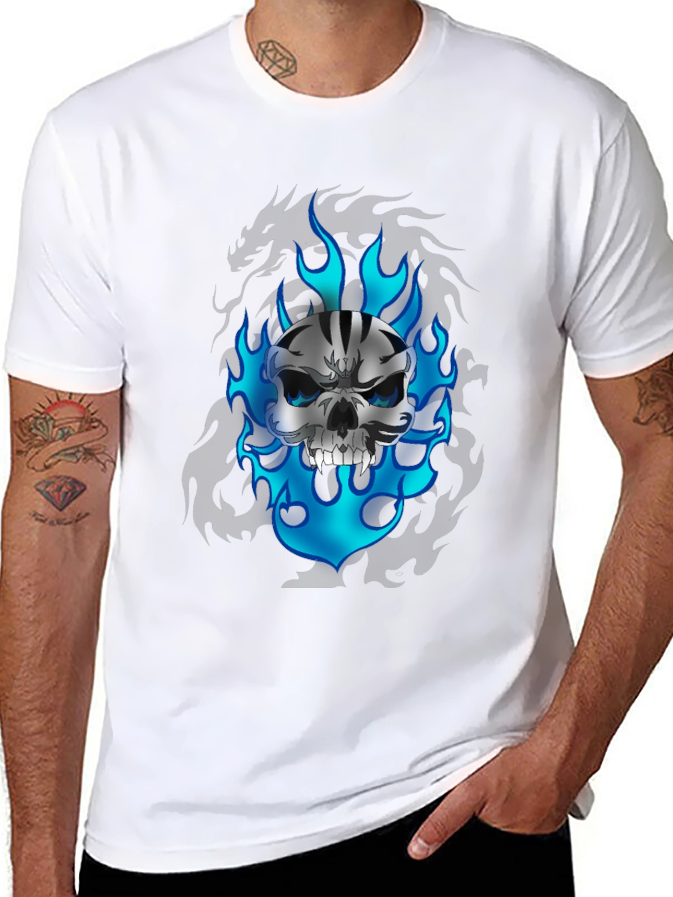 Skull & Flames Graphic Print Black T-Shirt