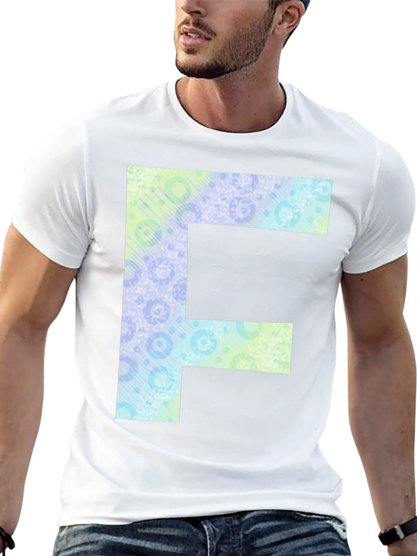 Letter F Patterned Tee - Black Cotton Casual Shirt