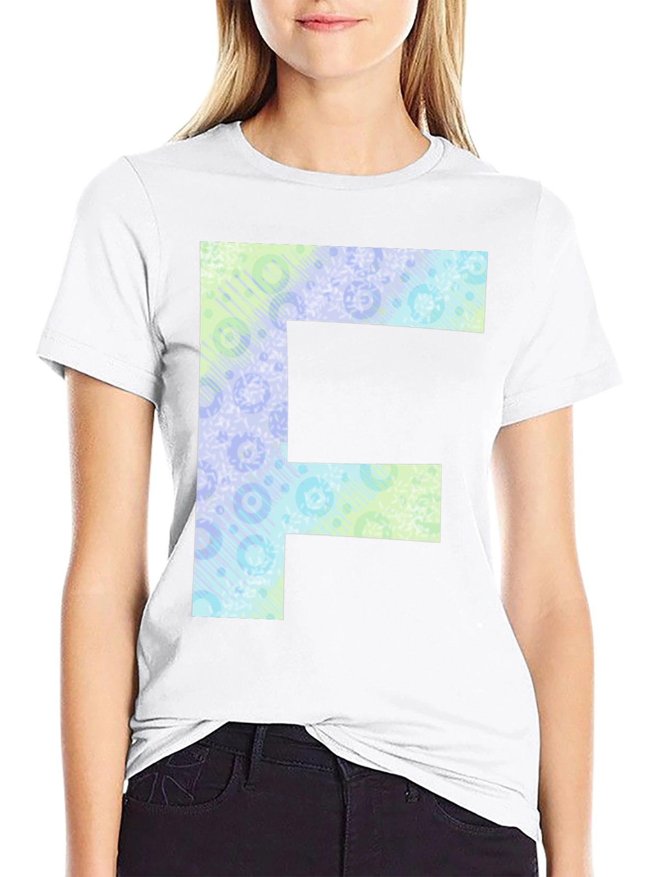Letter F Patterned Tee - Black Cotton Casual Shirt