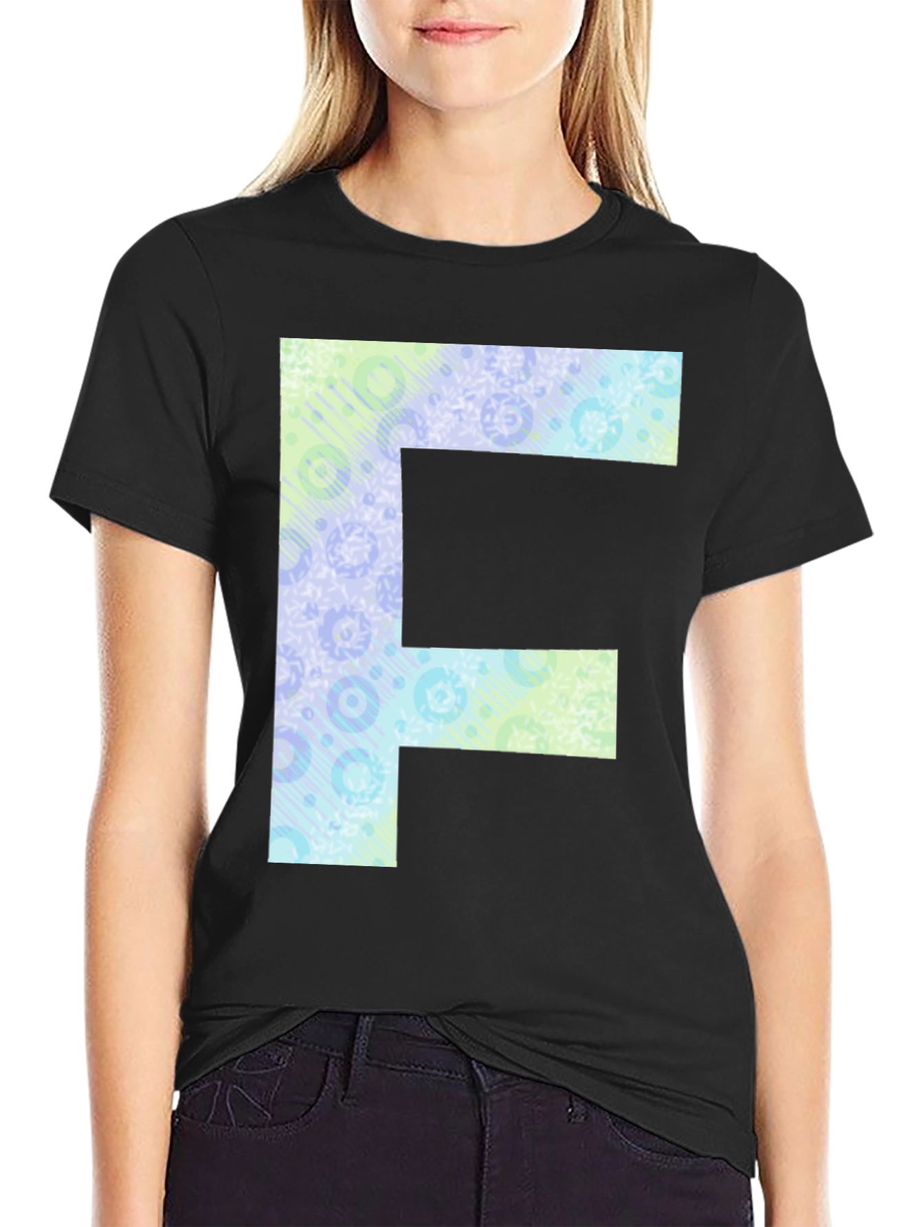 Letter F Patterned Tee - Black Cotton Casual Shirt