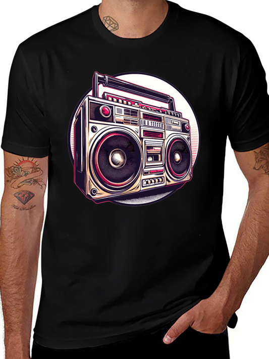 Retro Boombox Graphic Tee - Vintage Style Black T-Shirt