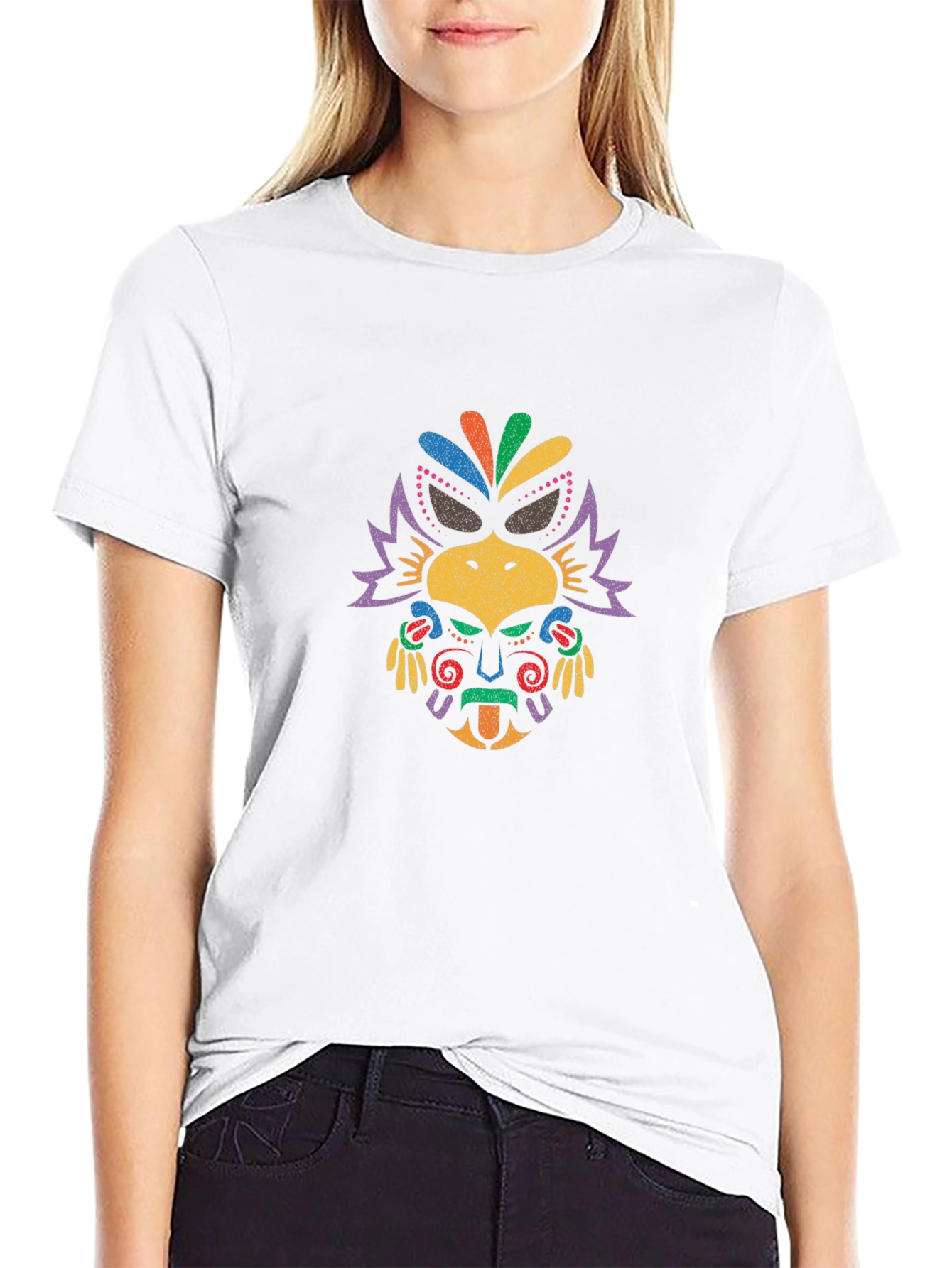 Vibrant Tribal Mask Graphic Tee - Black Cotton T-Shirt