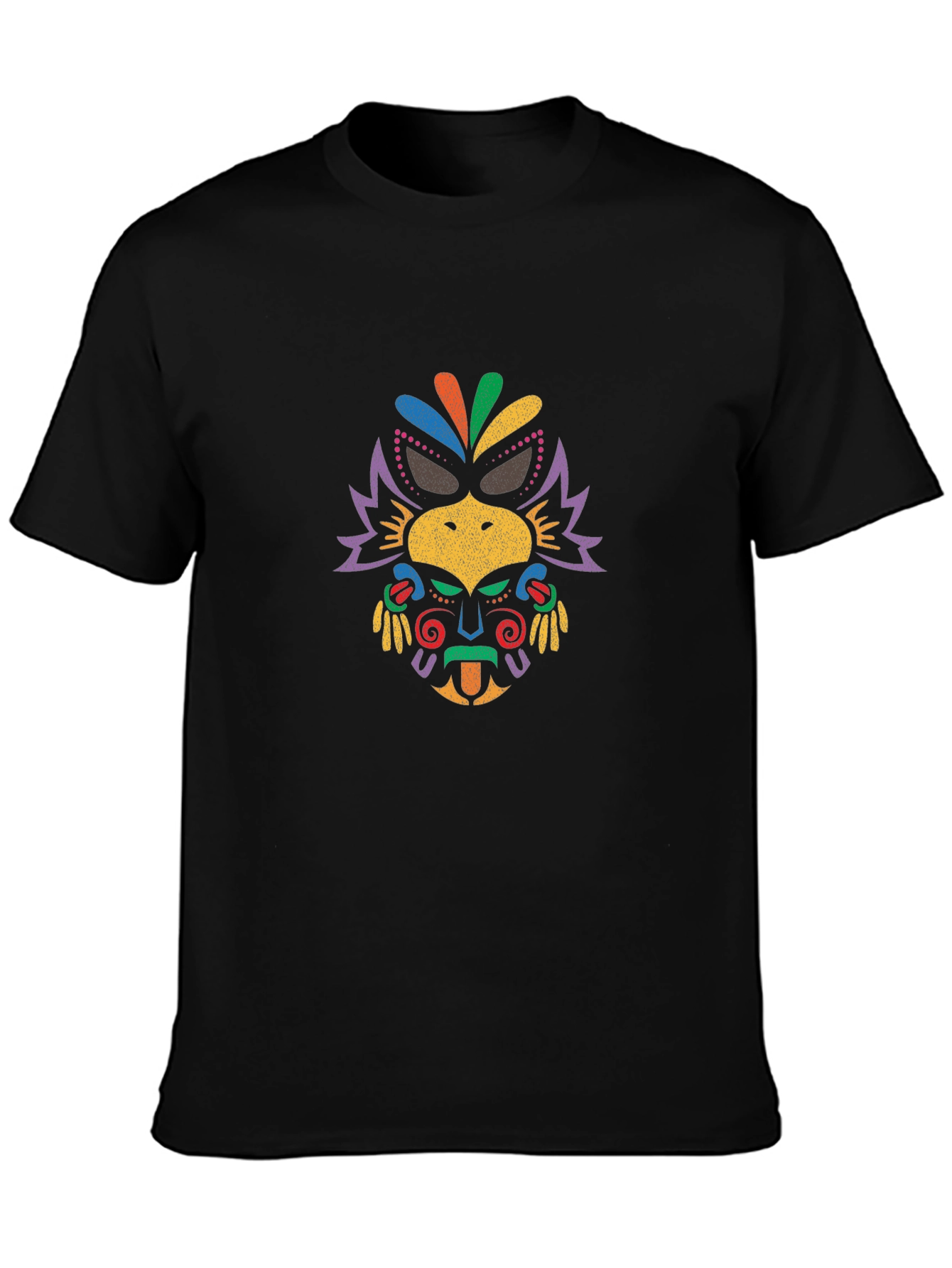 Vibrant Tribal Mask Graphic Tee - Black Cotton T-Shirt