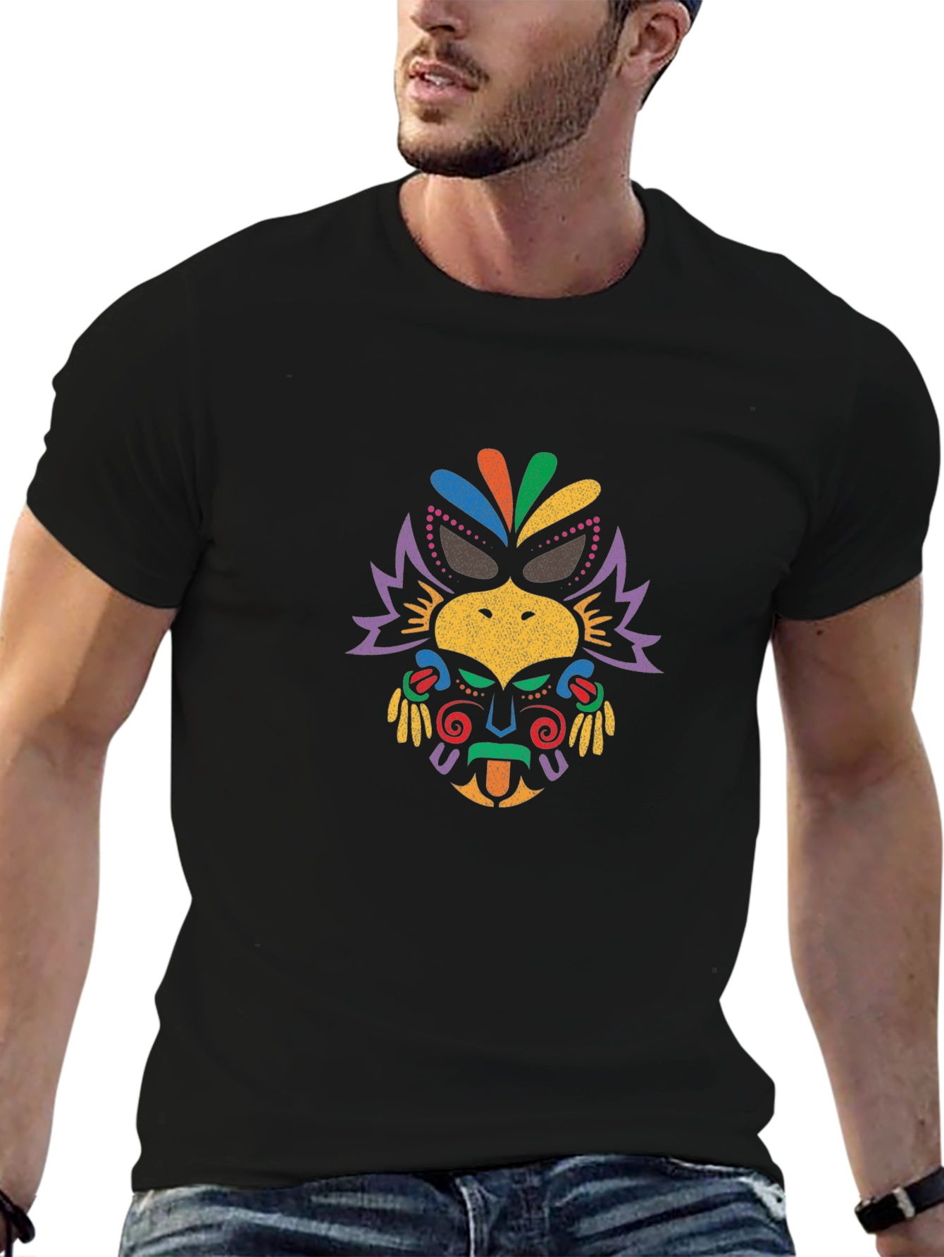 Vibrant Tribal Mask Graphic Tee - Black Cotton T-Shirt