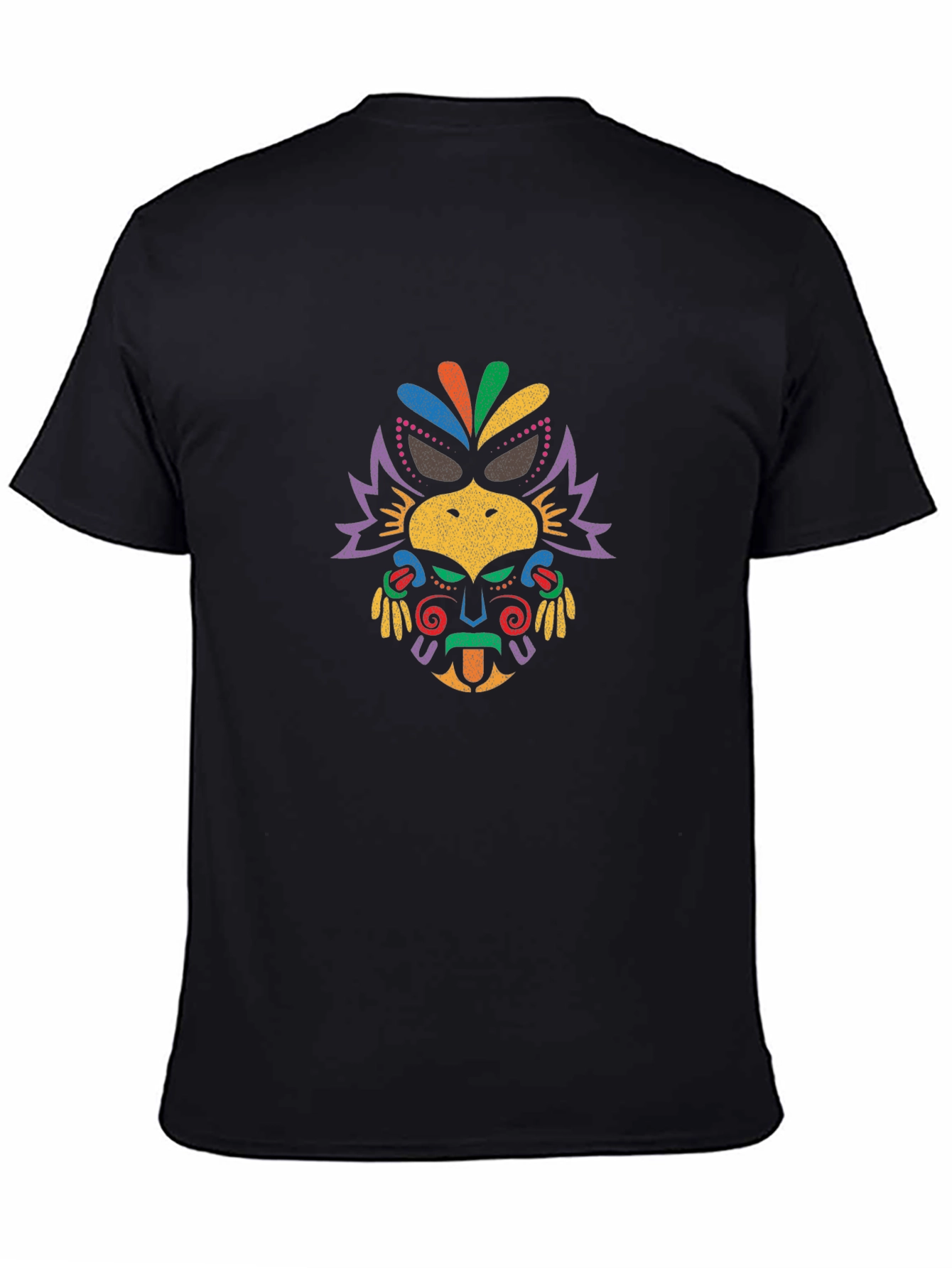 Vibrant Tribal Mask Graphic Tee - Black Cotton T-Shirt