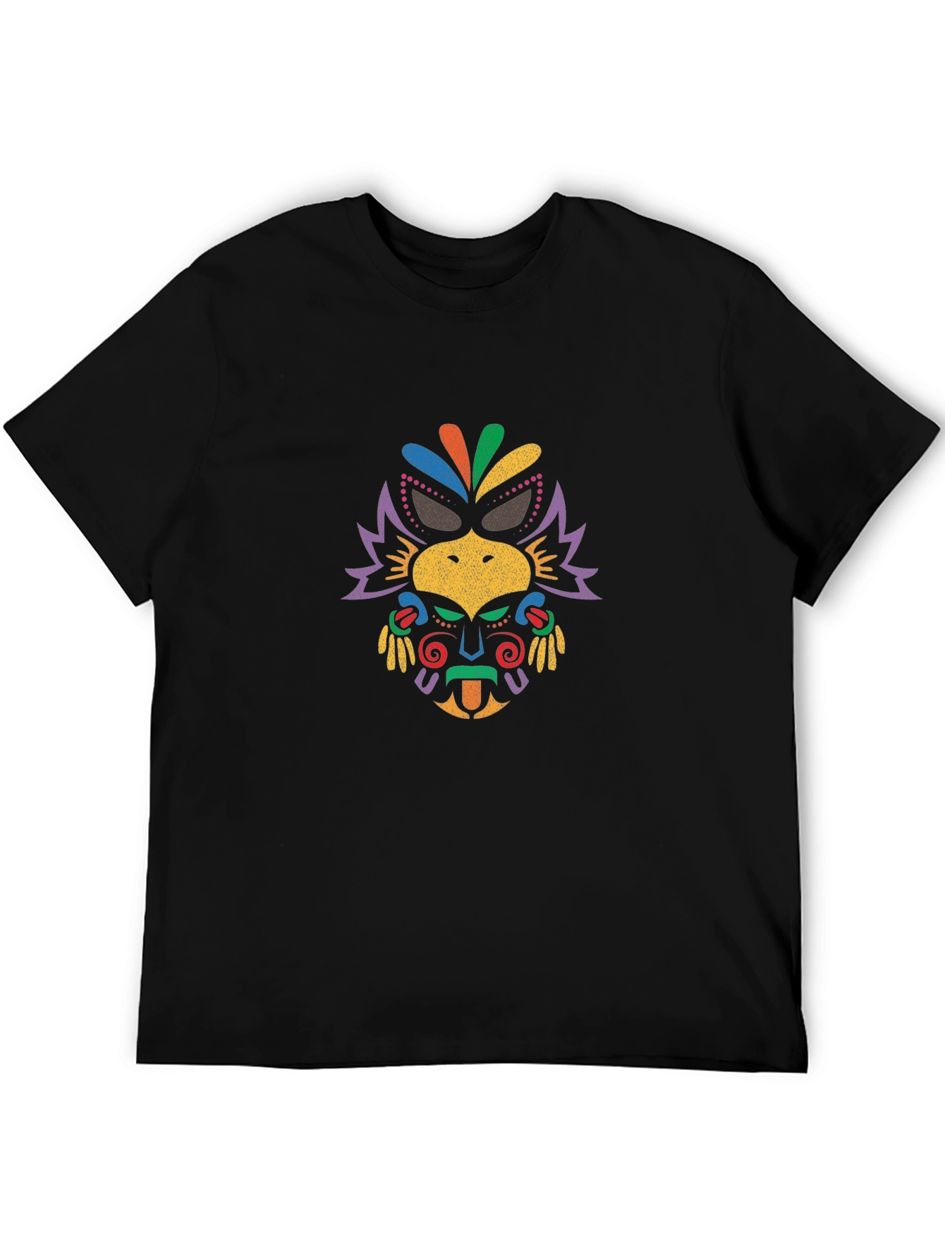 Vibrant Tribal Mask Graphic Tee - Black Cotton T-Shirt