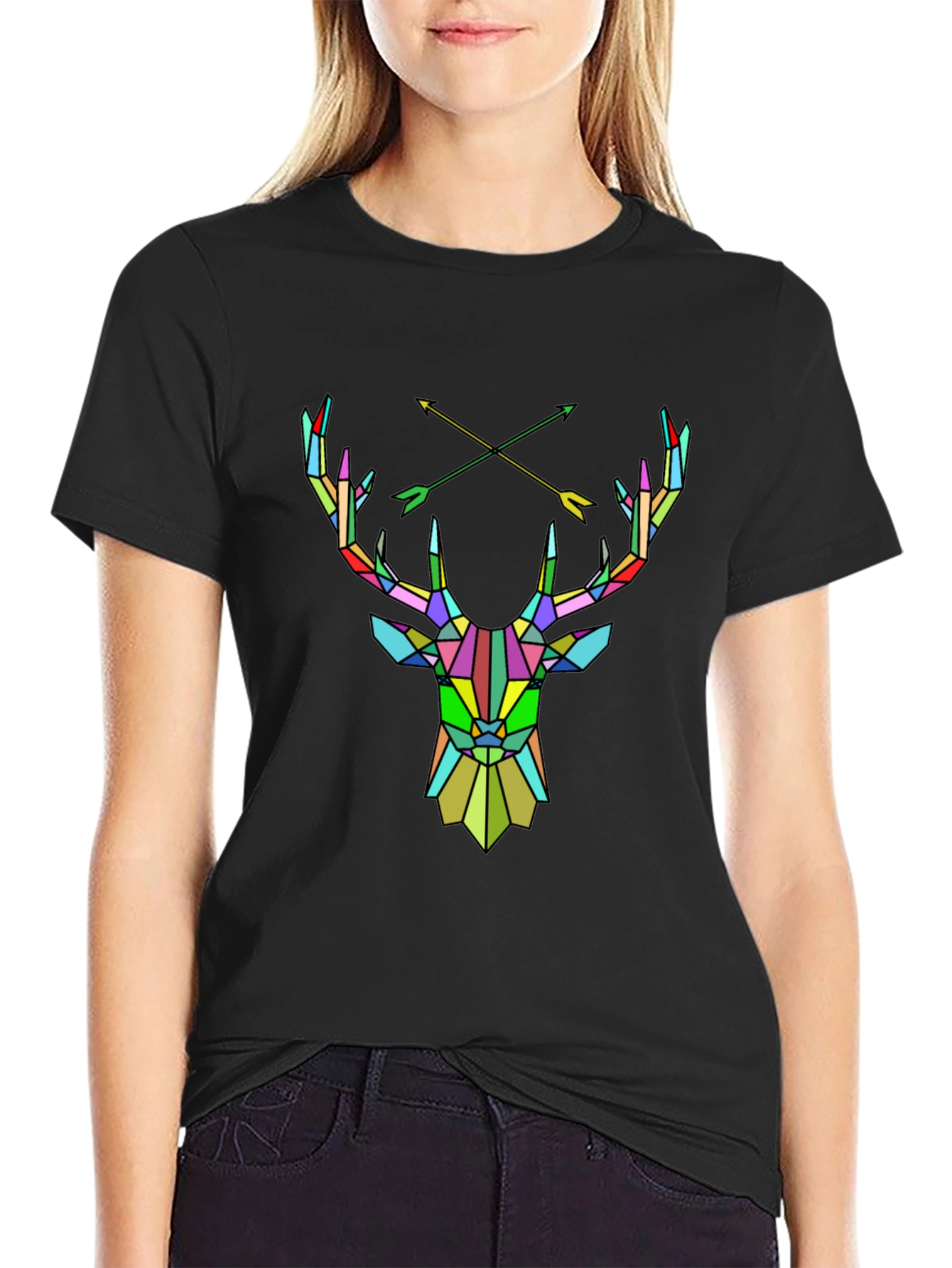 Geometric Deer Head Graphic Tee - Mens Black T-Shirt