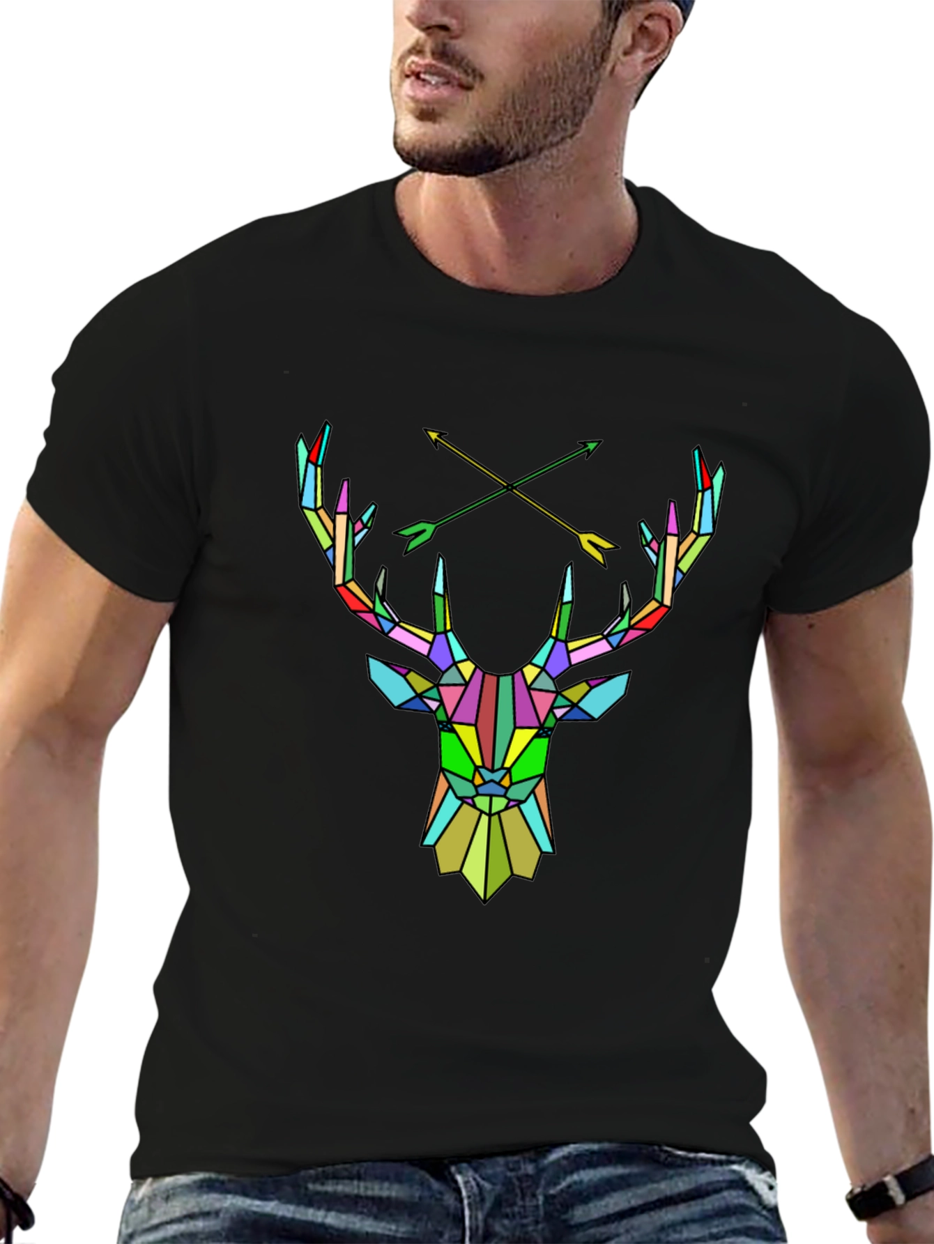 Geometric Deer Head Graphic Tee - Mens Black T-Shirt