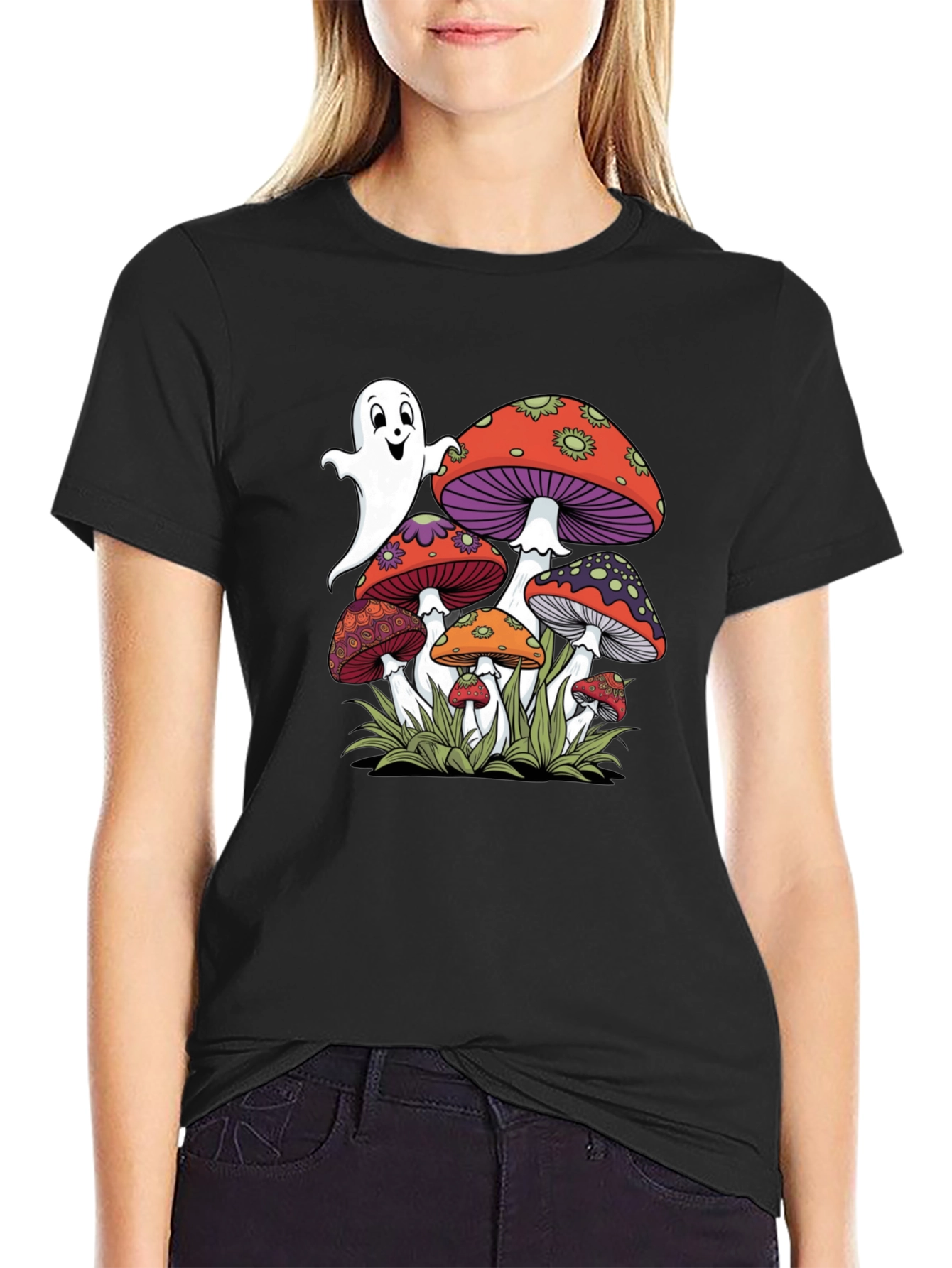 Ghost and Mushroom Graphic Tee - Unisex Black T-Shirt