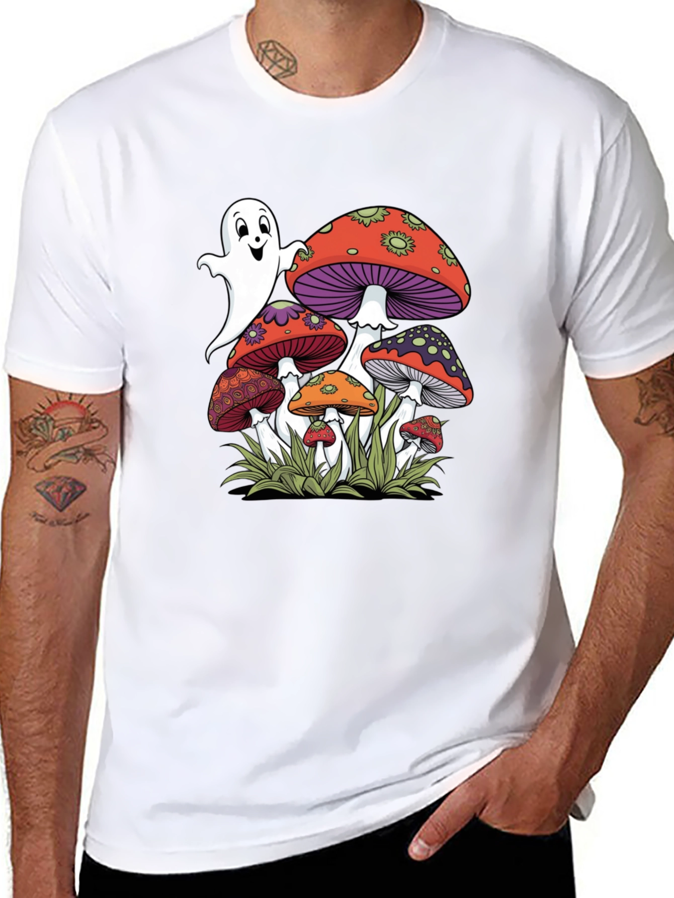 Ghost and Mushroom Graphic Tee - Unisex Black T-Shirt