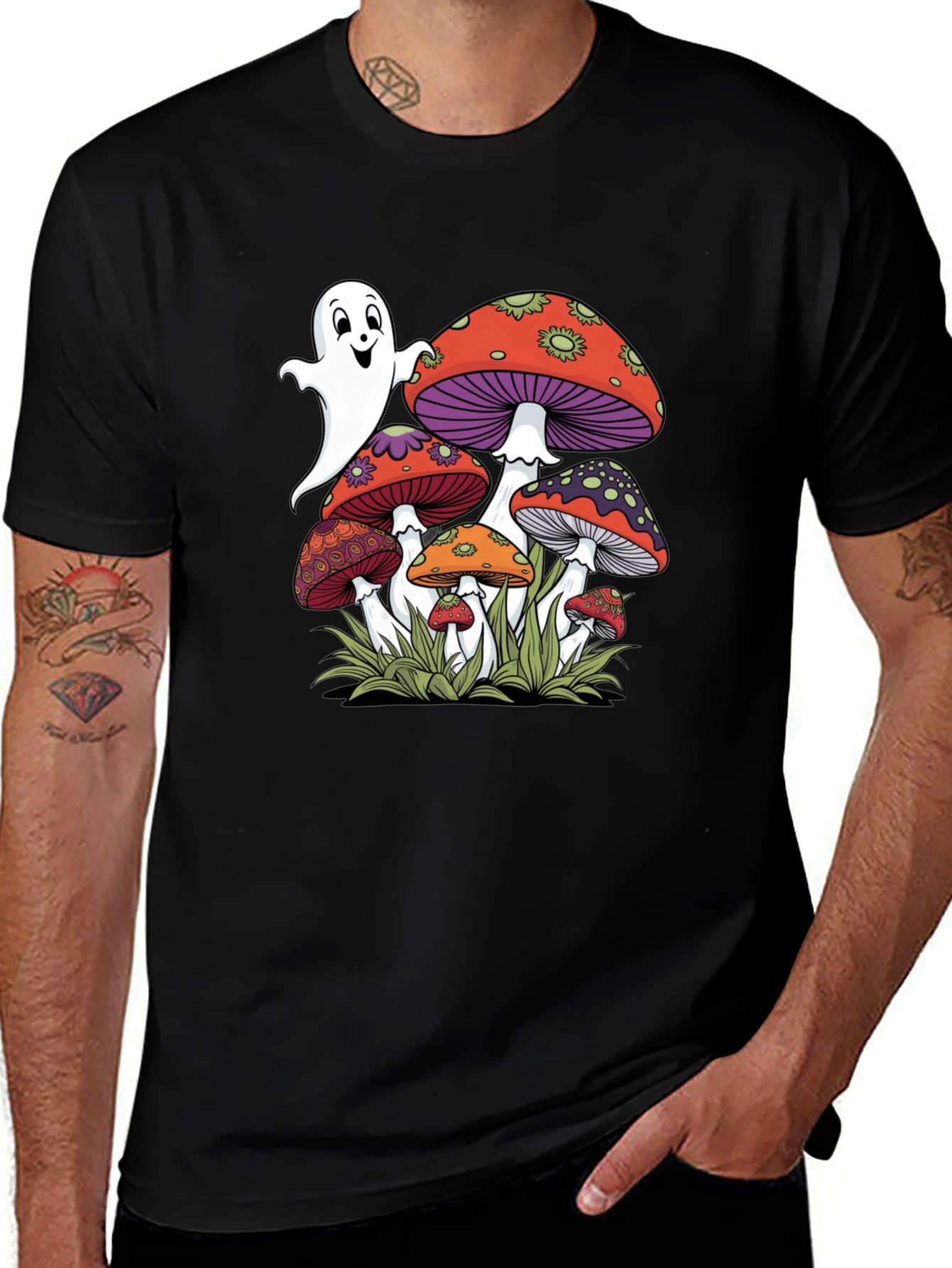 Ghost and Mushroom Graphic Tee - Unisex Black T-Shirt