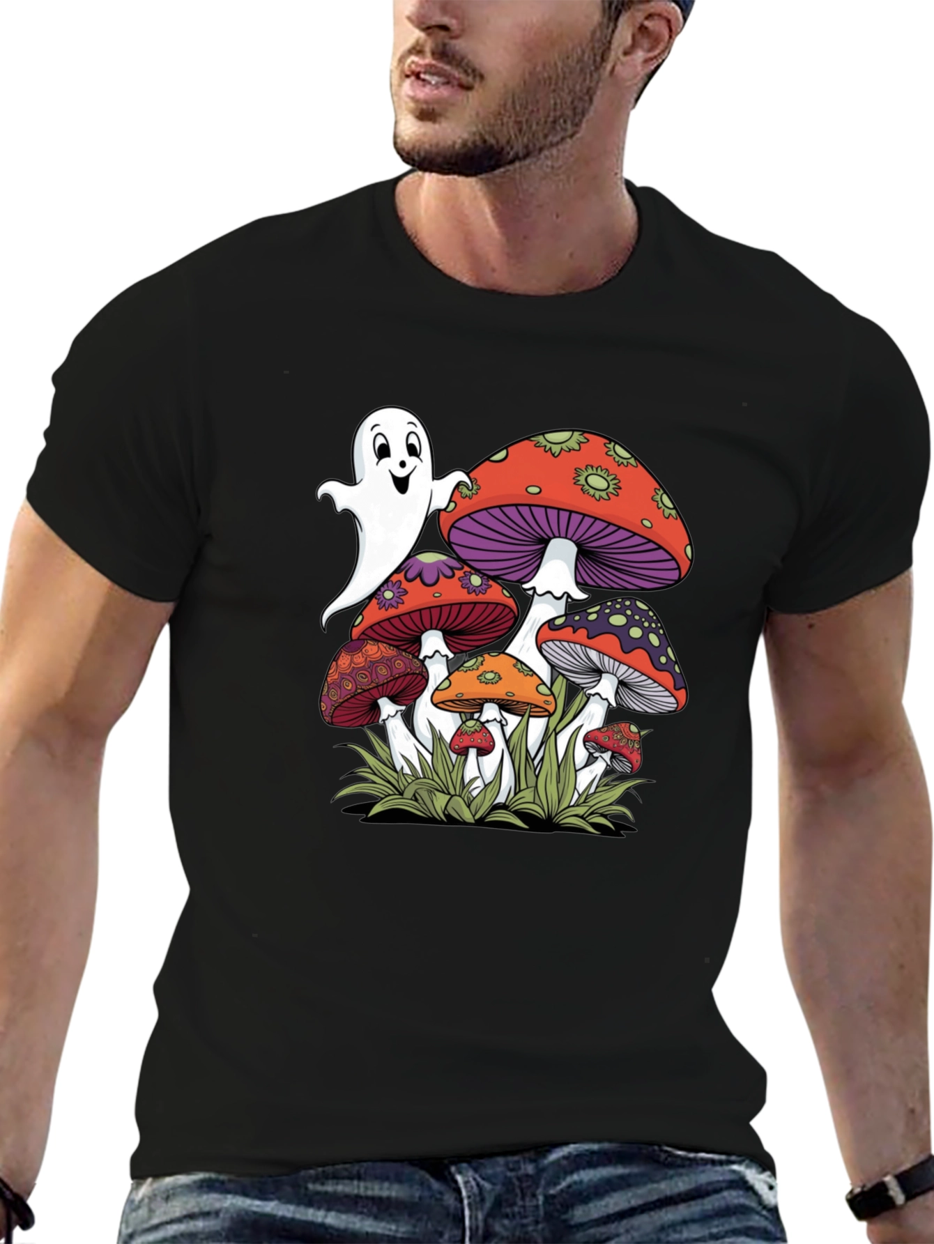 Ghost and Mushroom Graphic Tee - Unisex Black T-Shirt