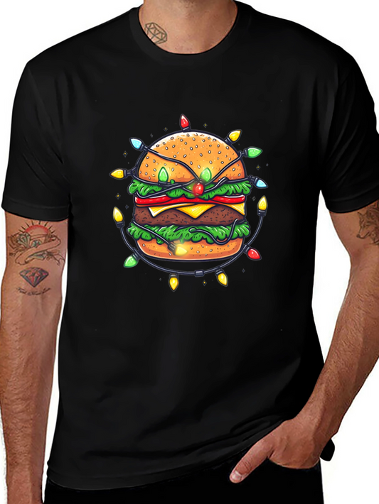 Festive Burger Graphic Tee - Holiday Lights Design