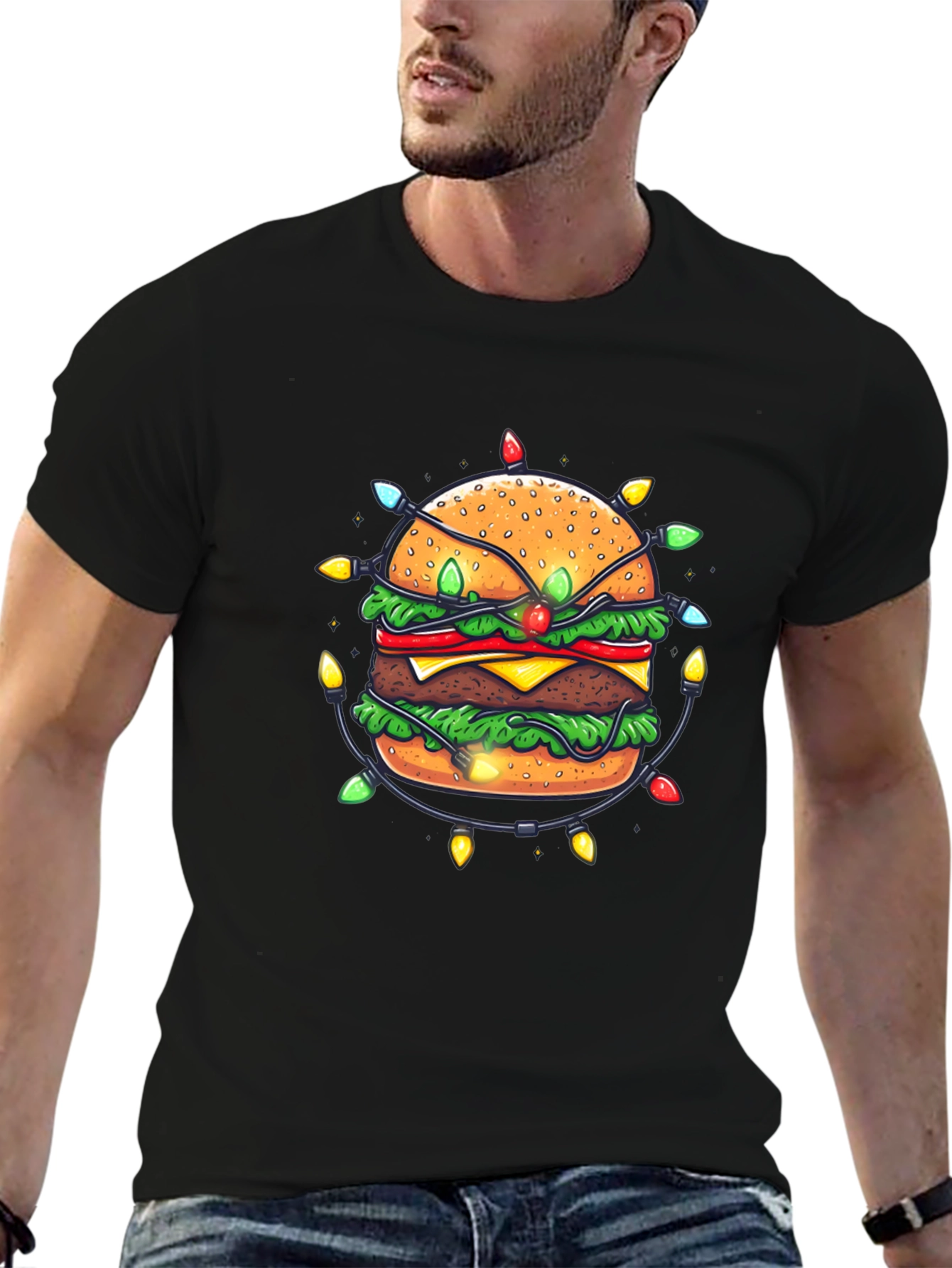 Festive Burger Graphic Tee - Holiday Lights Design