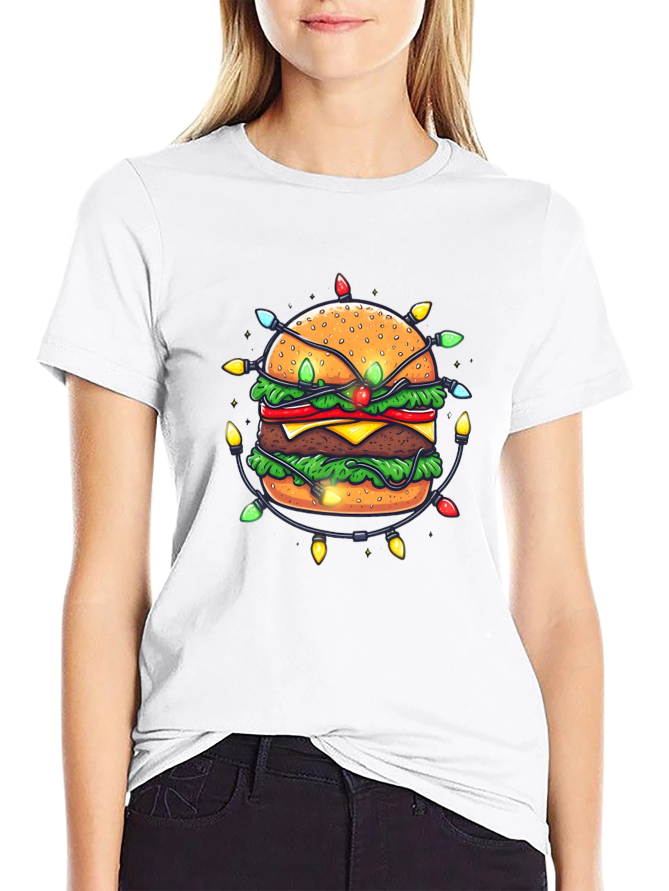 Festive Burger Graphic Tee - Holiday Lights Design