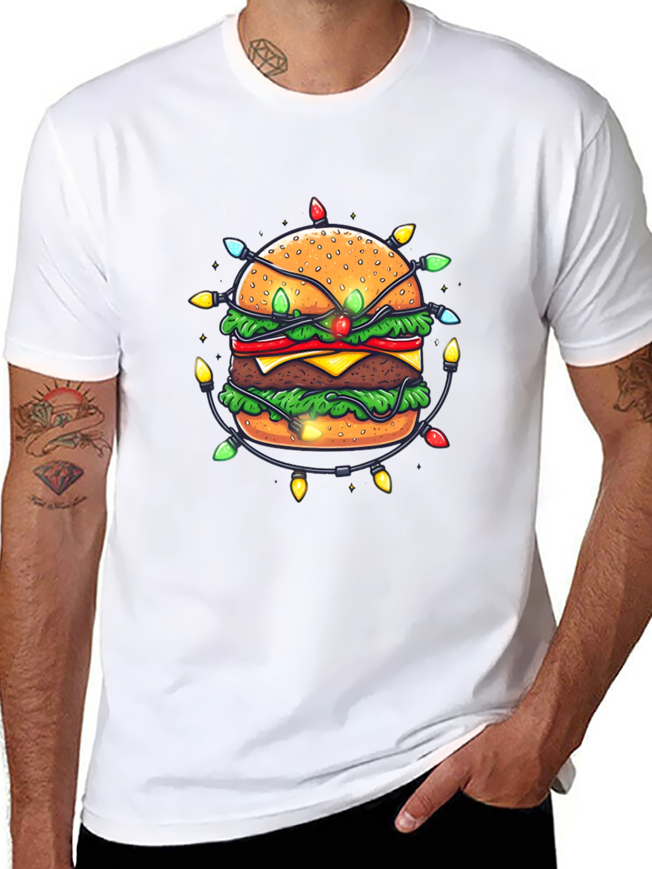 Festive Burger Graphic Tee - Holiday Lights Design