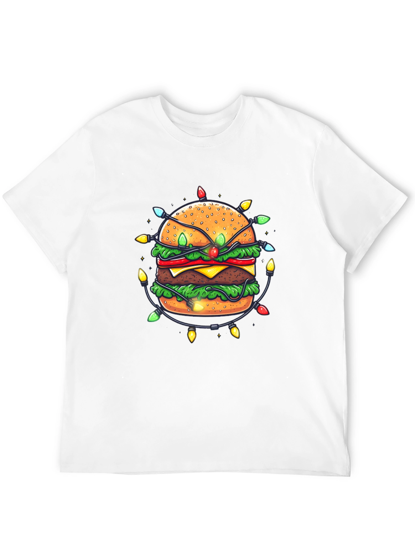 Festive Burger Graphic Tee - Holiday Lights Design