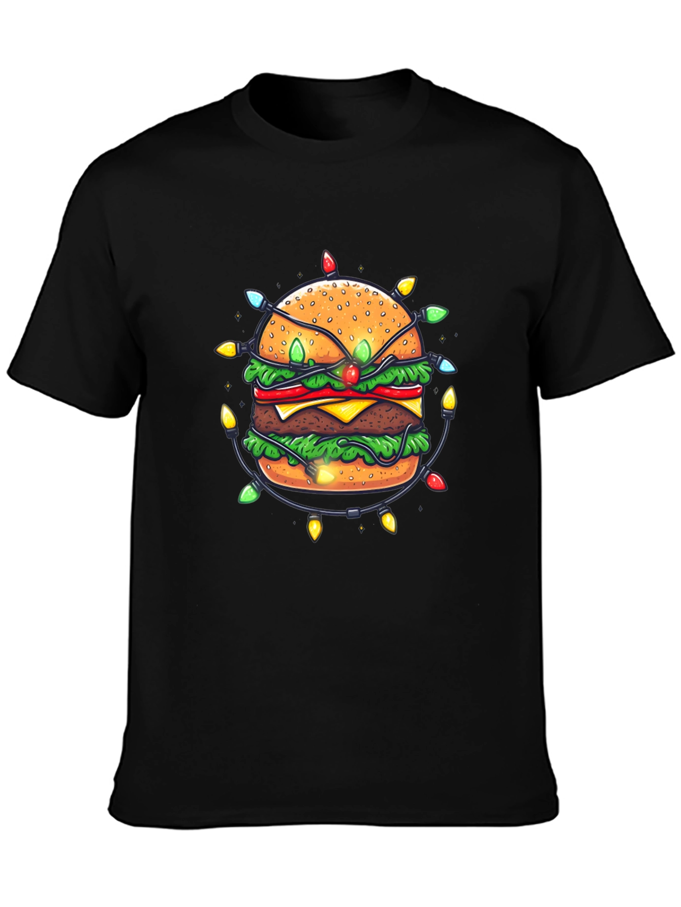Festive Burger Graphic Tee - Holiday Lights Design